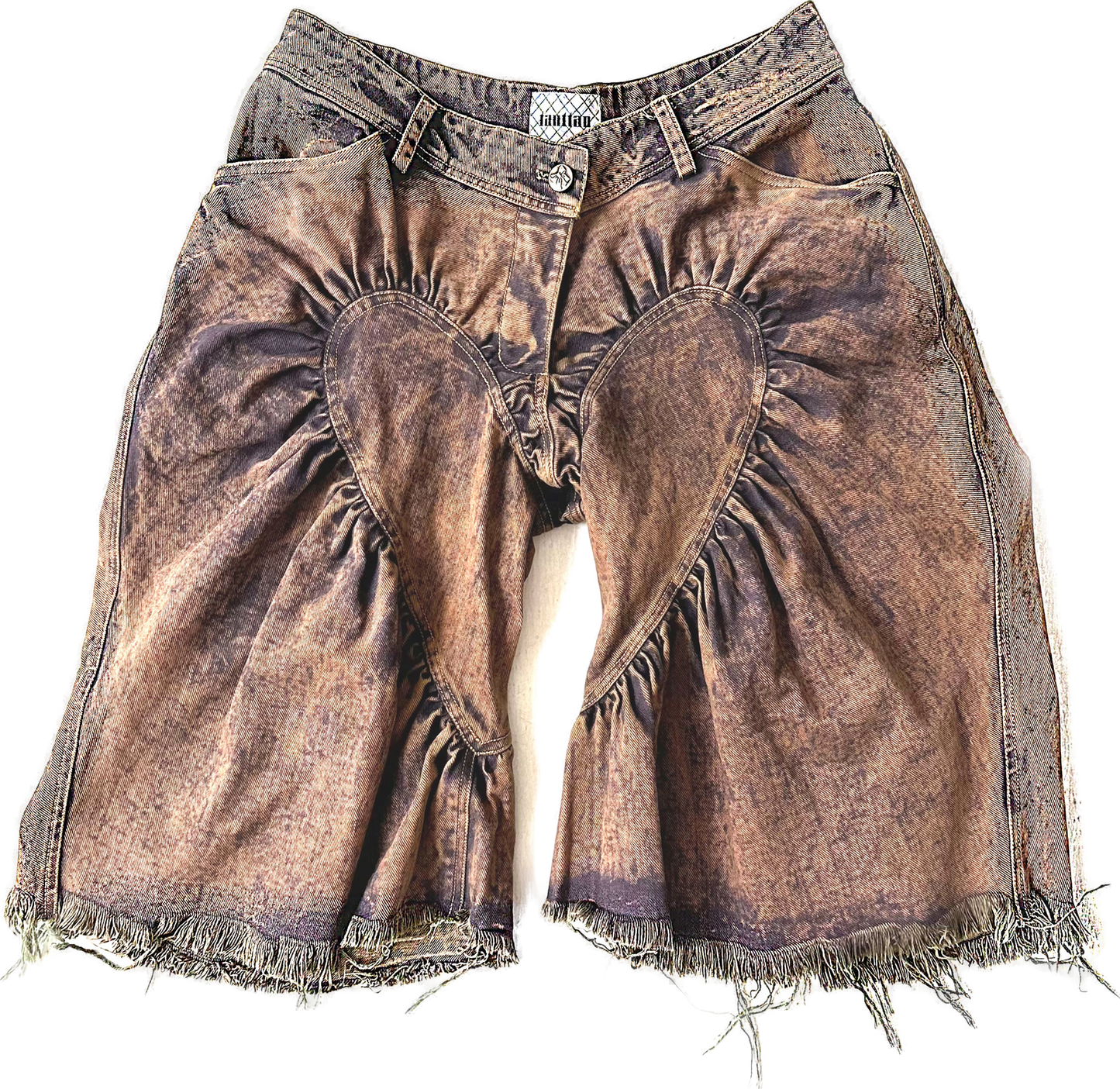 Unisex Ruched Heart Distressed Denim Shorts Pink