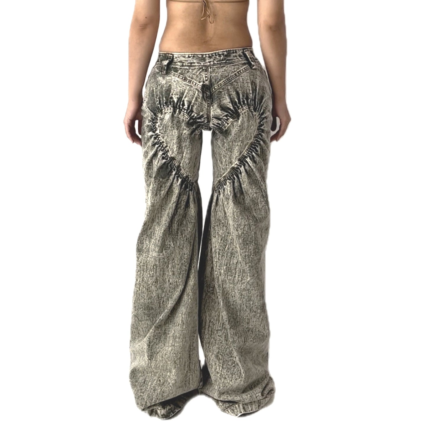Unisex Ruched Heart Distressed Denim Jeans Green