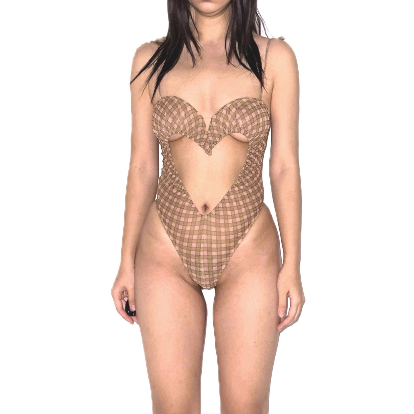 Ruched Heart Cutout One-Piece Swimsuit Bodysuit Pink Checker
