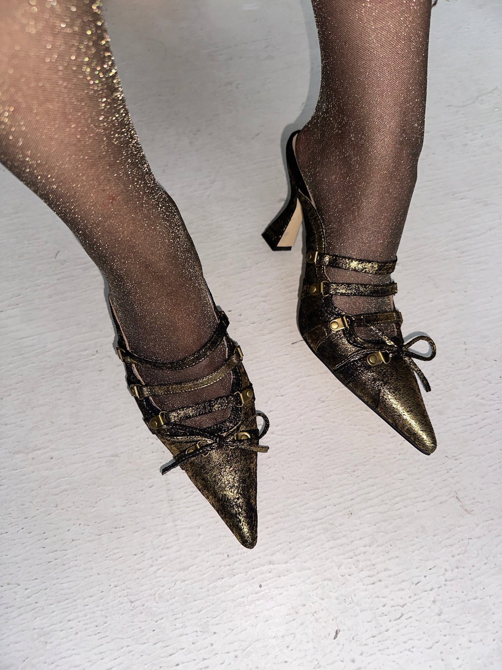 Gold Suede Satin Lace Up Pointed Toe Mules
