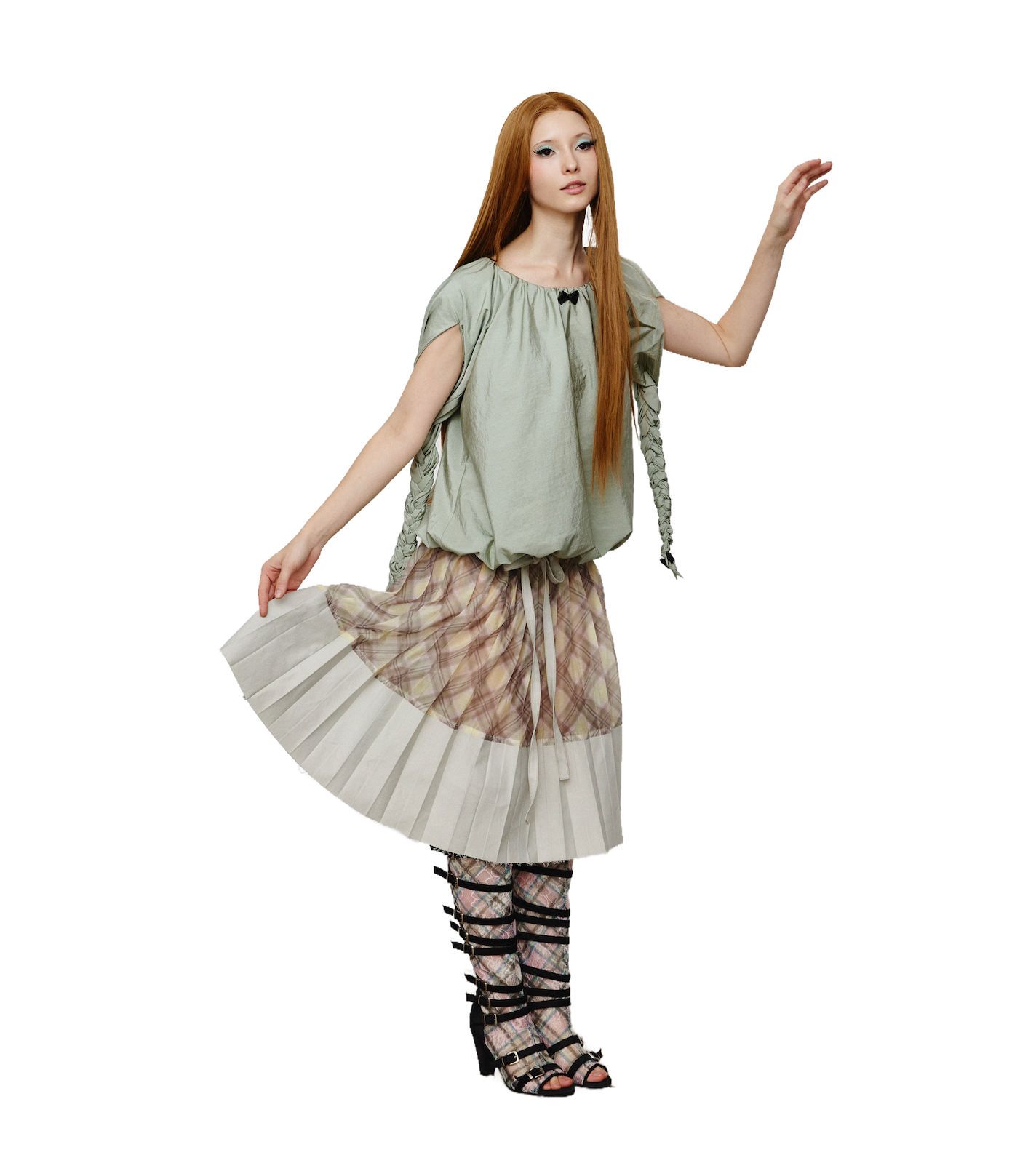 Patchwork Organza Pleated Midi Skirt Gray Porcelain