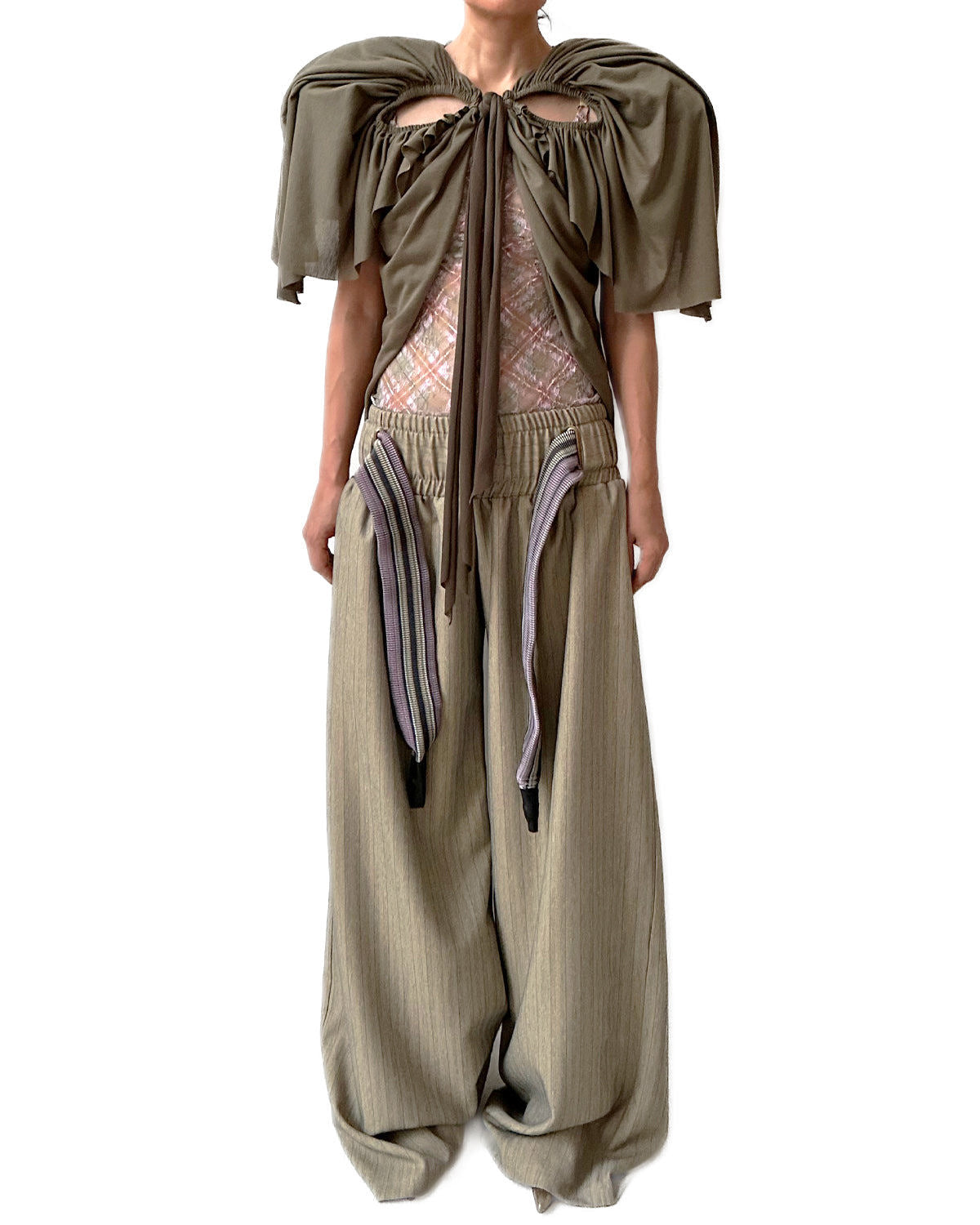 Cutout Football Bow Bolero Top with Shoulder Padding Olive Jersey