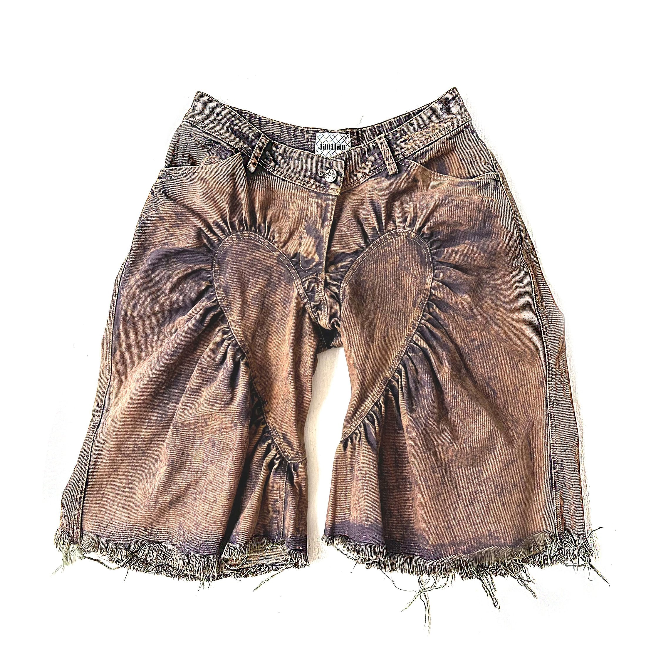 Unisex Ruched Heart Distressed Denim Shorts Pink