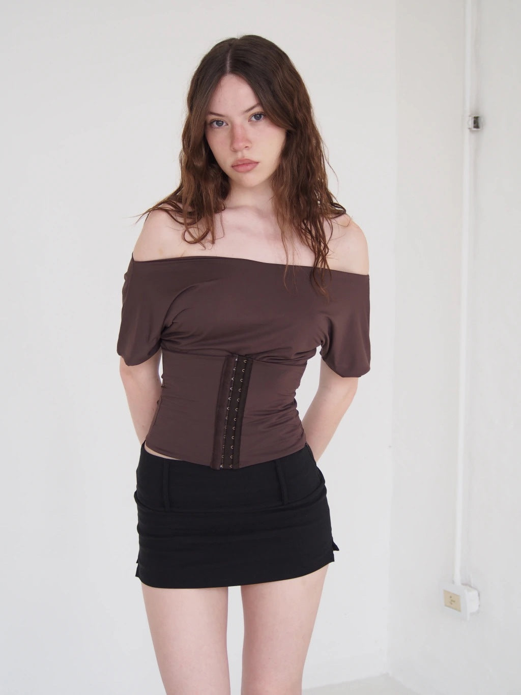 BOAT NECK CORSET TOP - BROWN