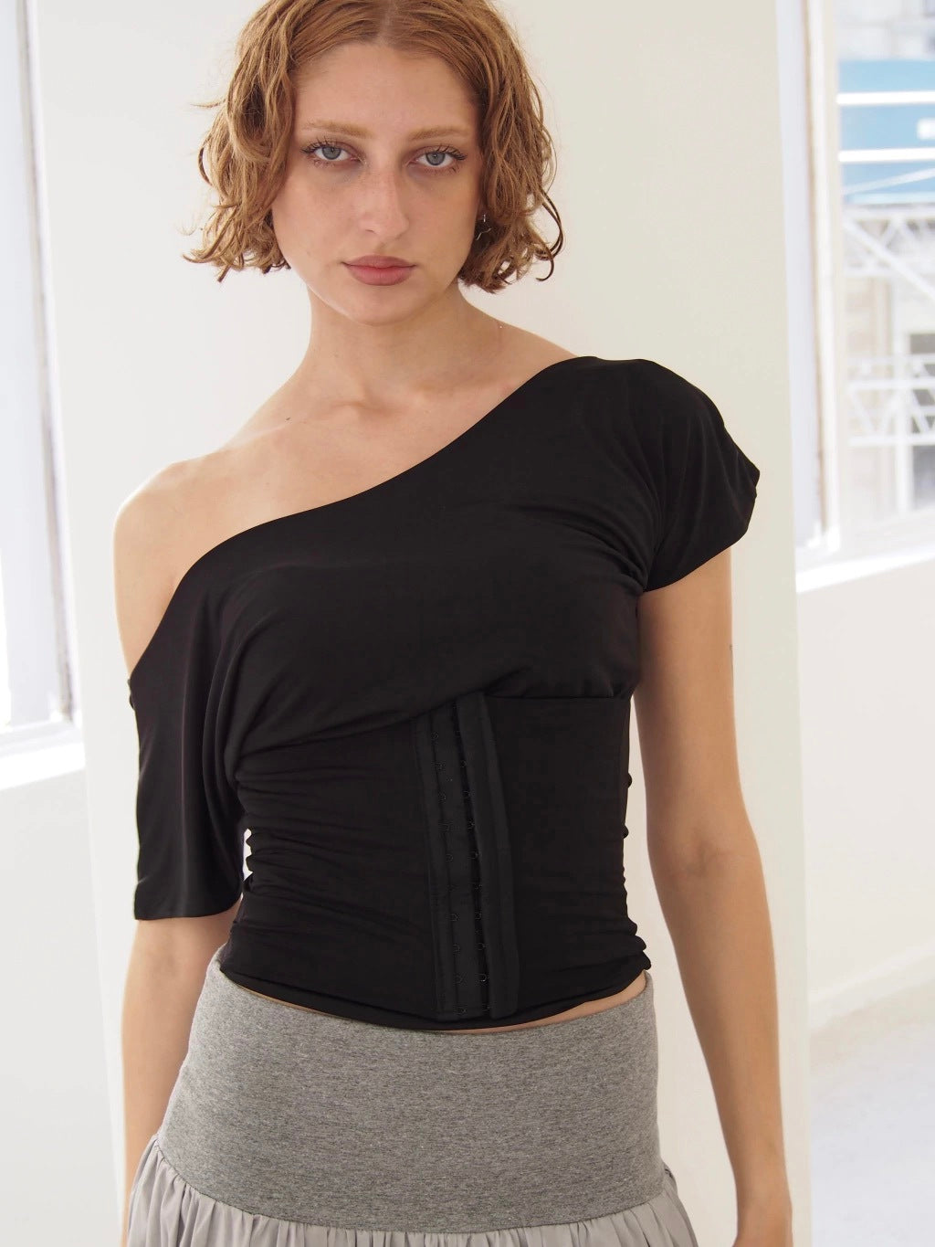 BOAT NECK CORSET TOP - BLACK