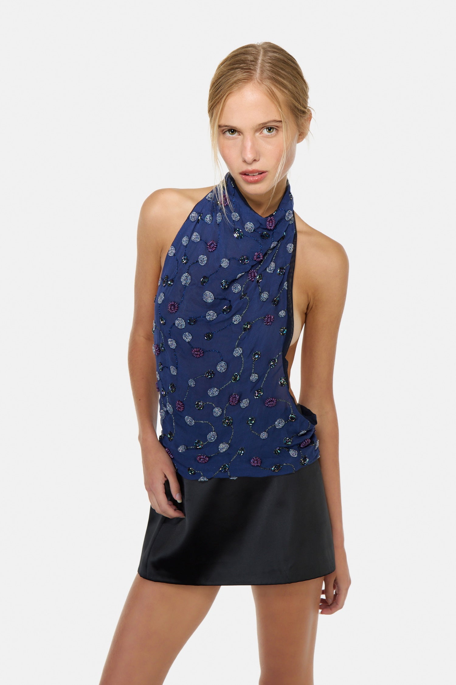 Embroided blue silk top