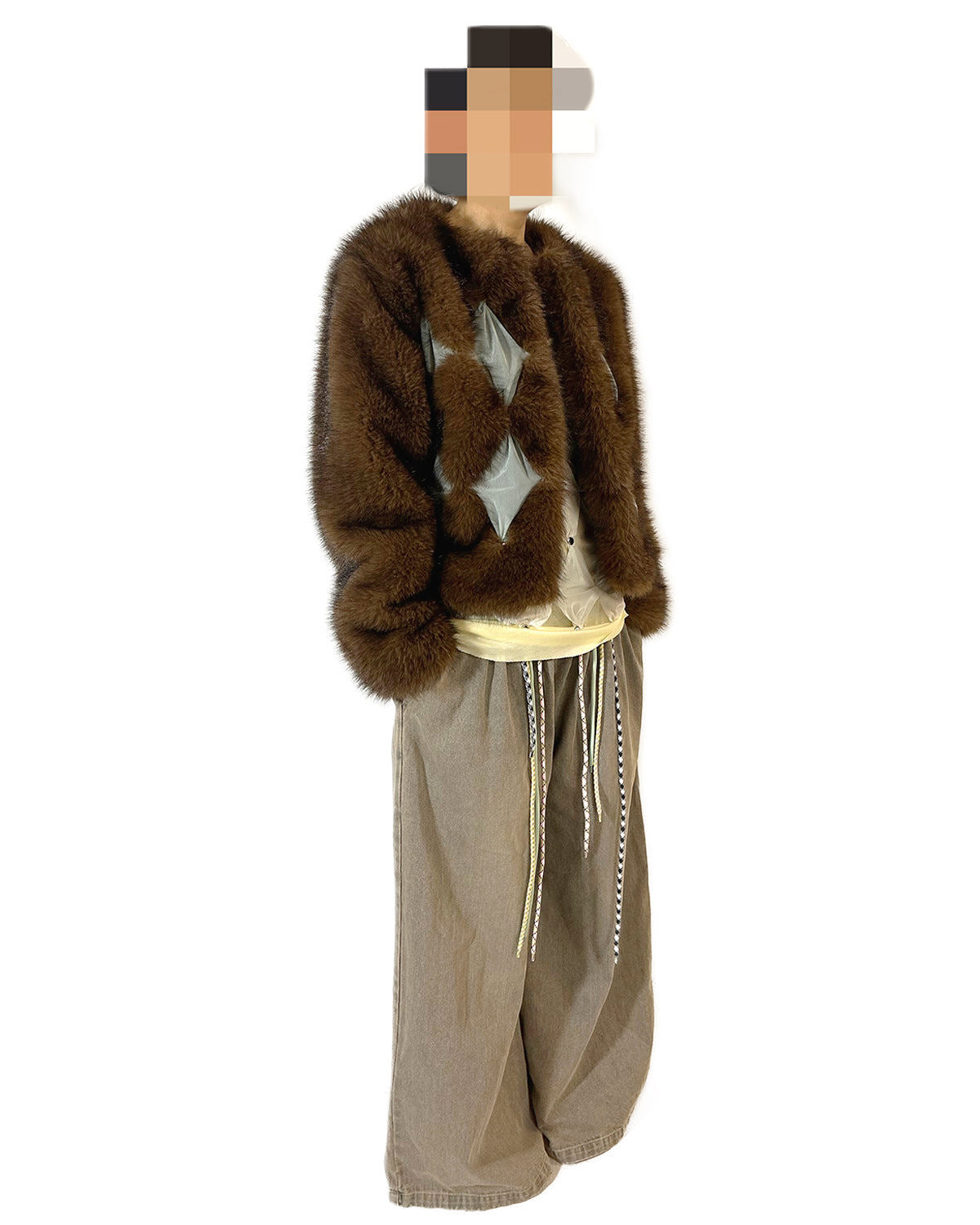 Studded Diamond Patchwork Faux Fur Coat