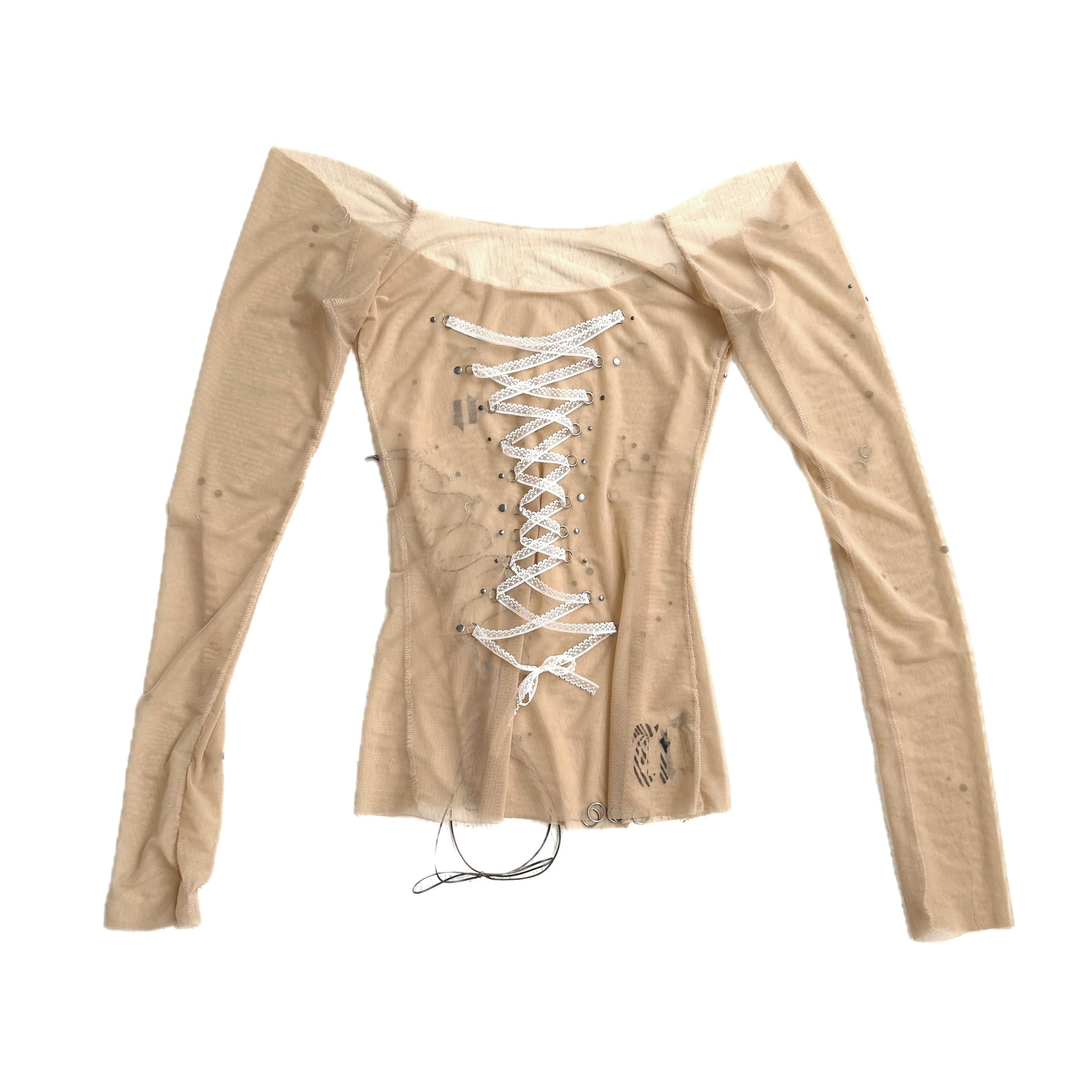 Beige Mesh Lace Up Corset Piercing Bowtie Top