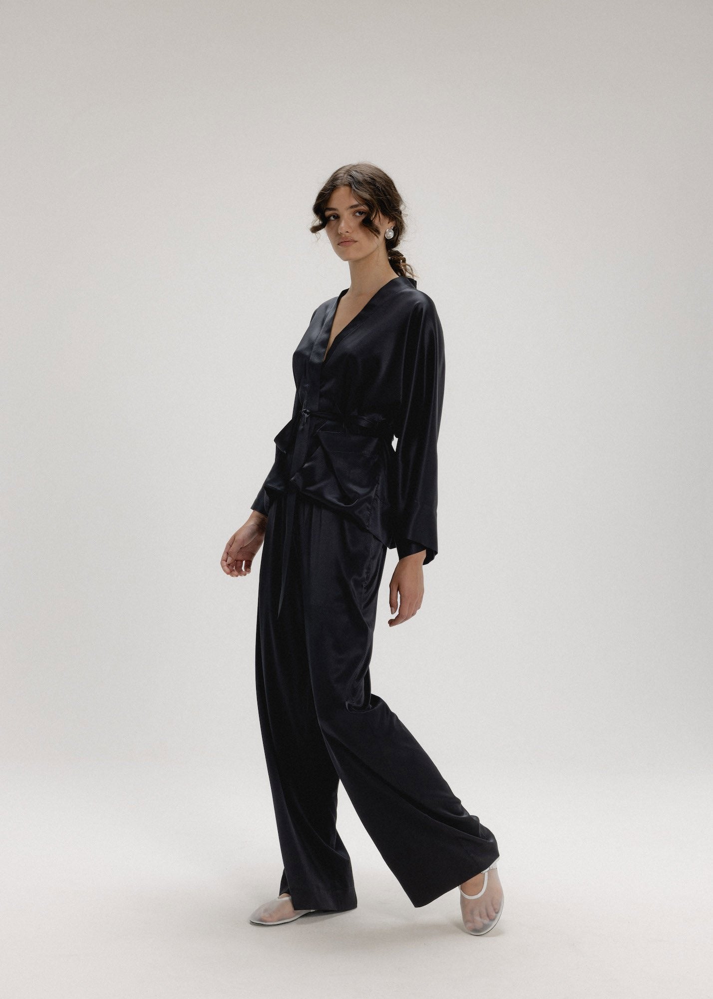 Wide Silk Pants in Black