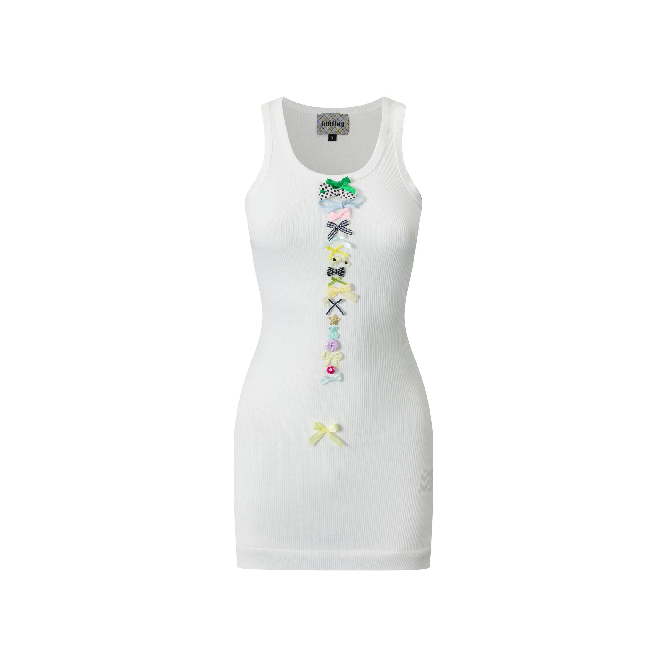 Ivory Rib Vest Mini Bows Dress Candy