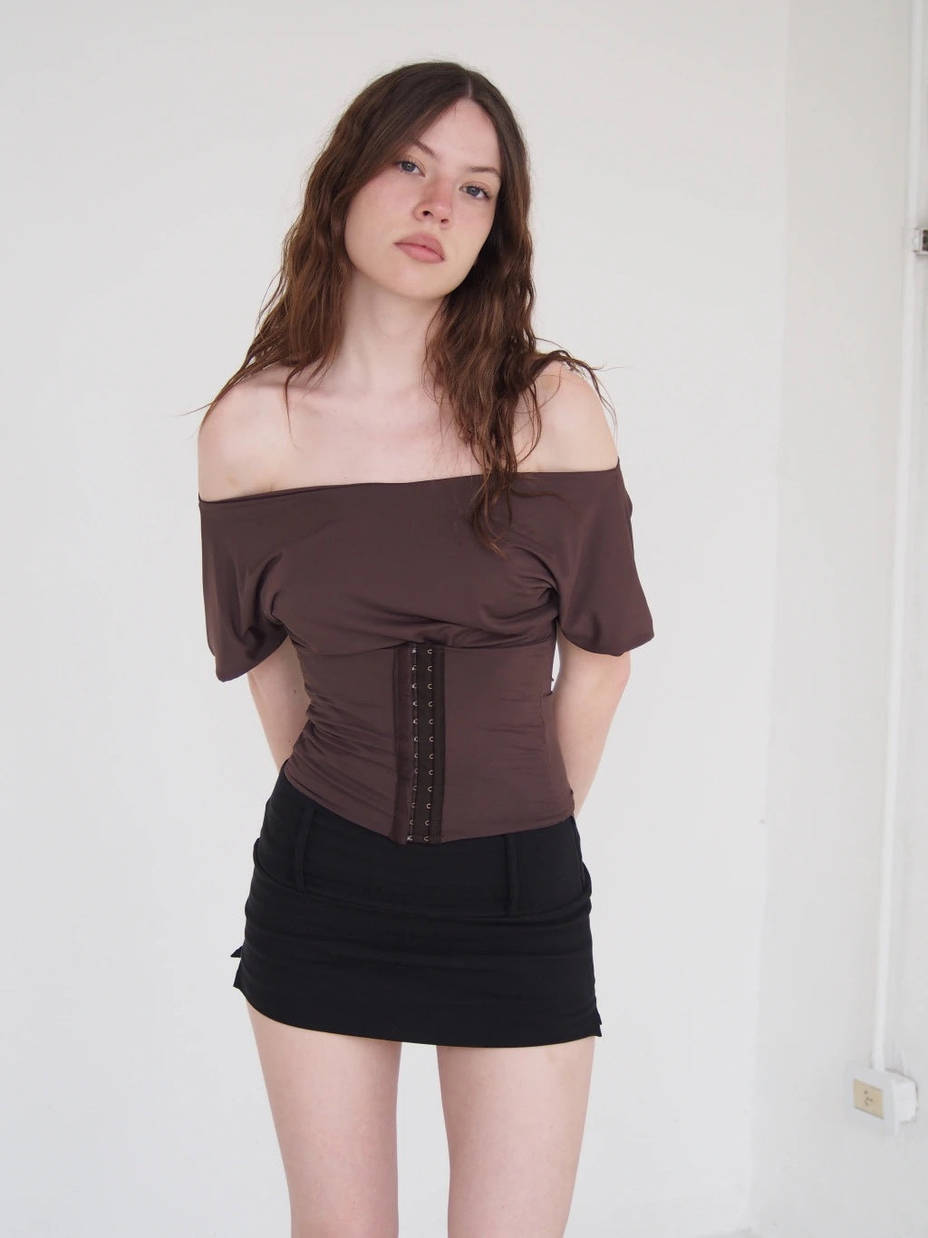 BOAT NECK CORSET TOP - BROWN