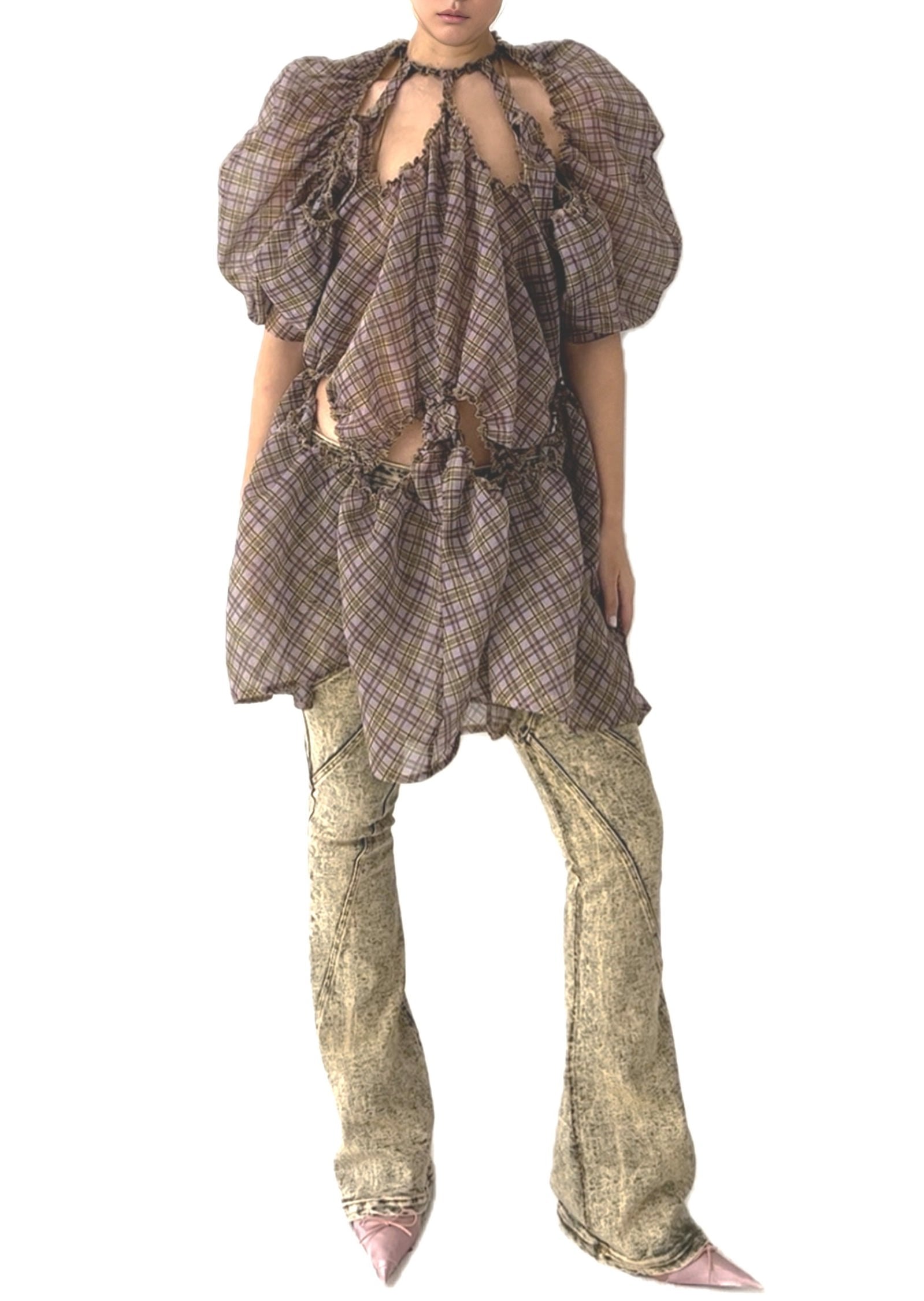 Plaid Organza Puff Sleeve Dress Purple Tartan