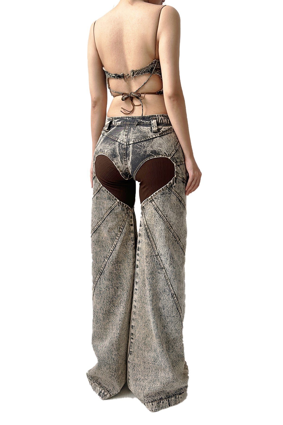 Mesh Crossover Bikini Set Denim Print