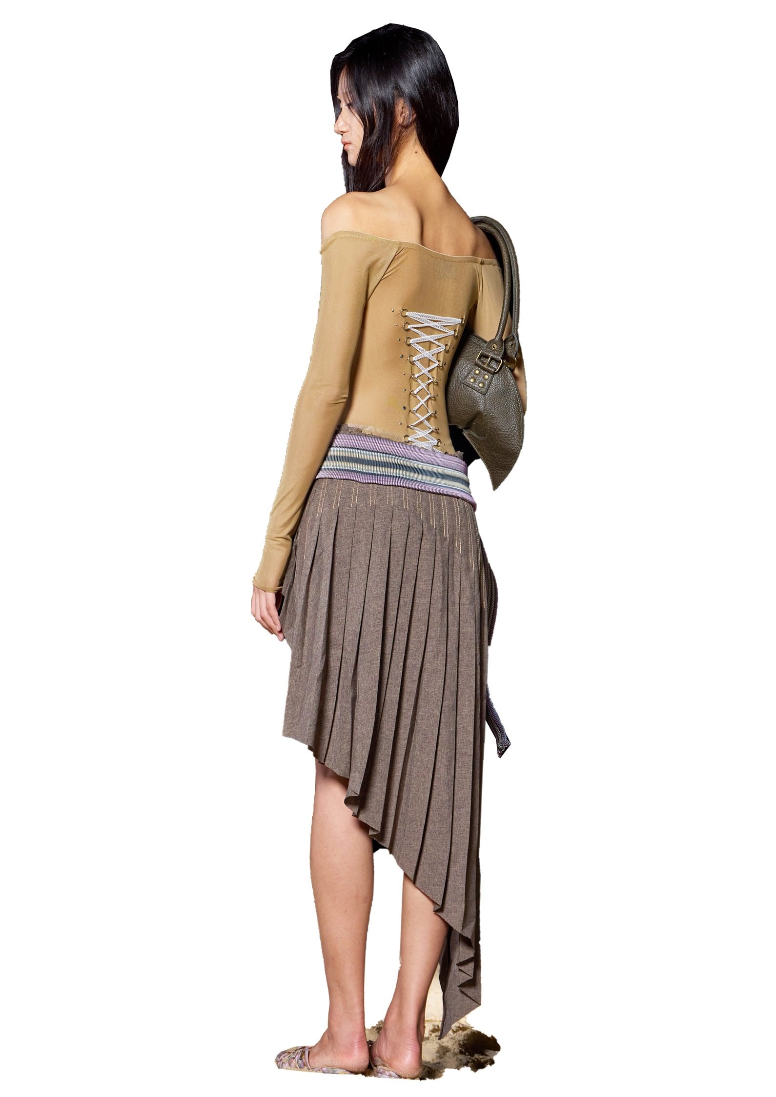 Asymmetrical Pleated Office Skirt 2-Tone Wood