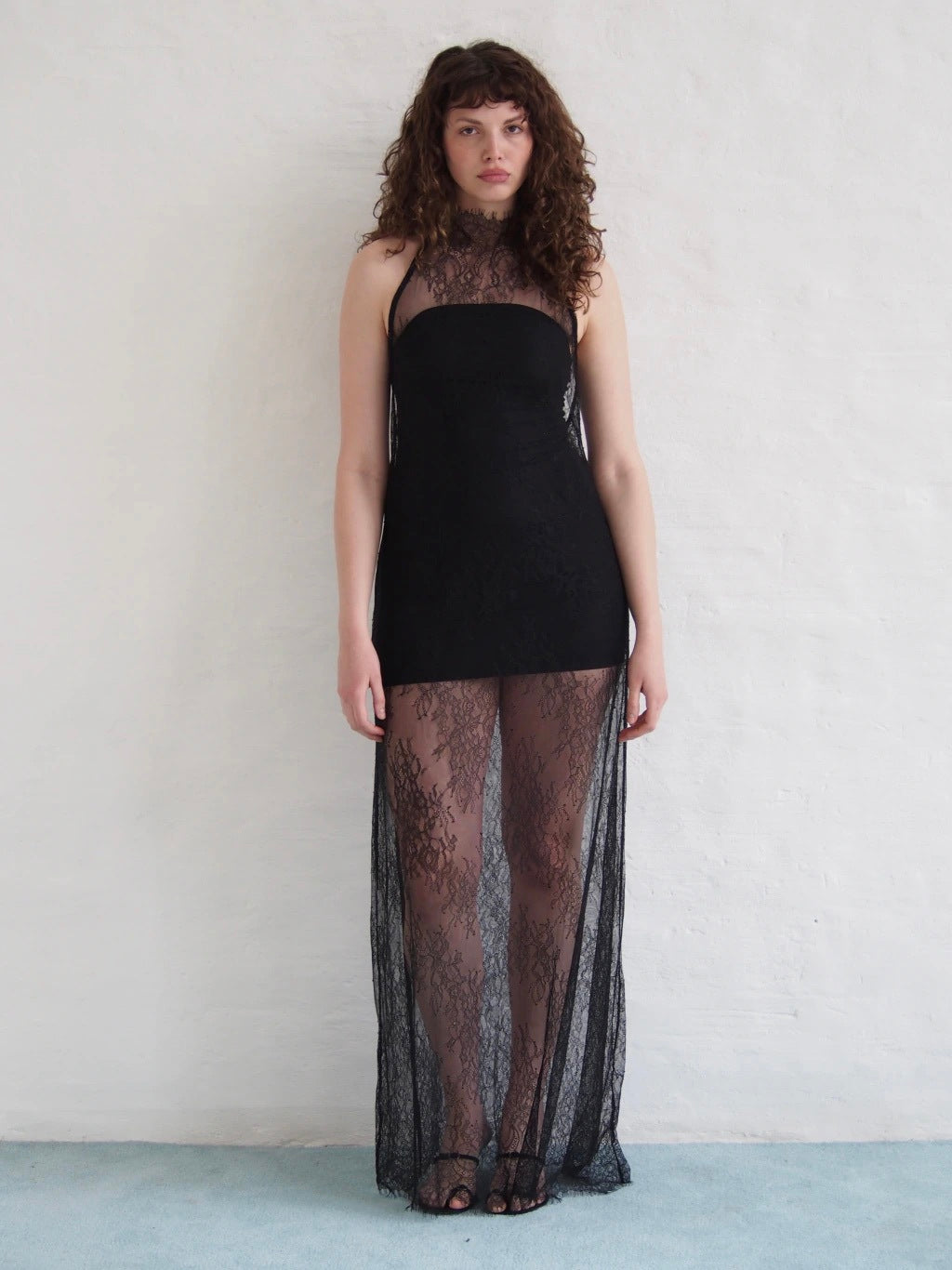 LACE NECK DRESS + STRAPLESS SLIP - BLACK