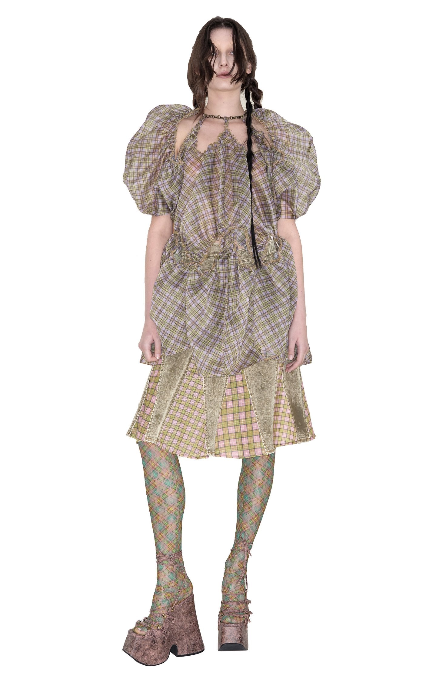 Plaid Organza Puff Sleeve Dress Purple Tartan