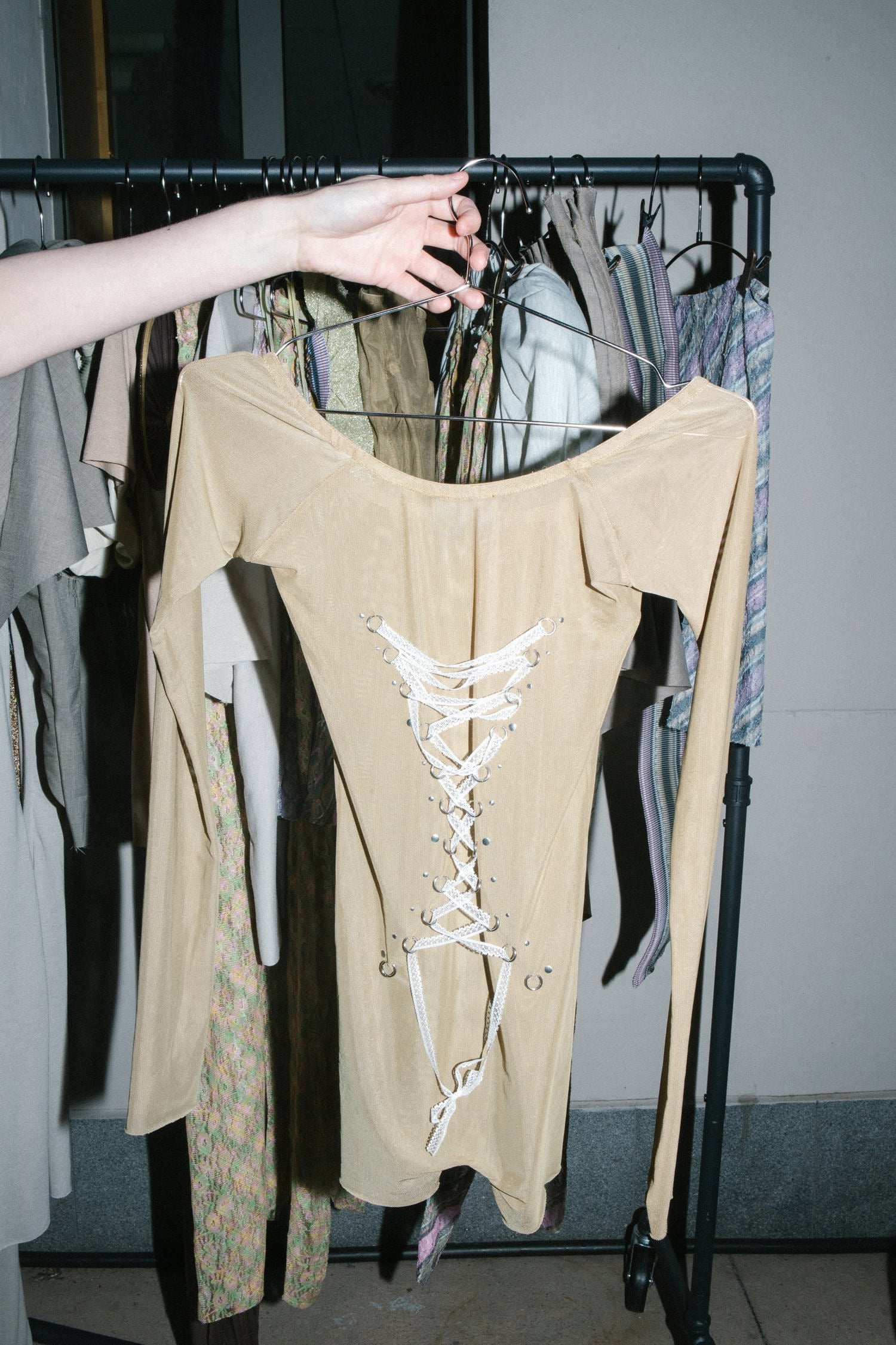 Beige Mesh Lace Up Corset Piercing Bowtie Top