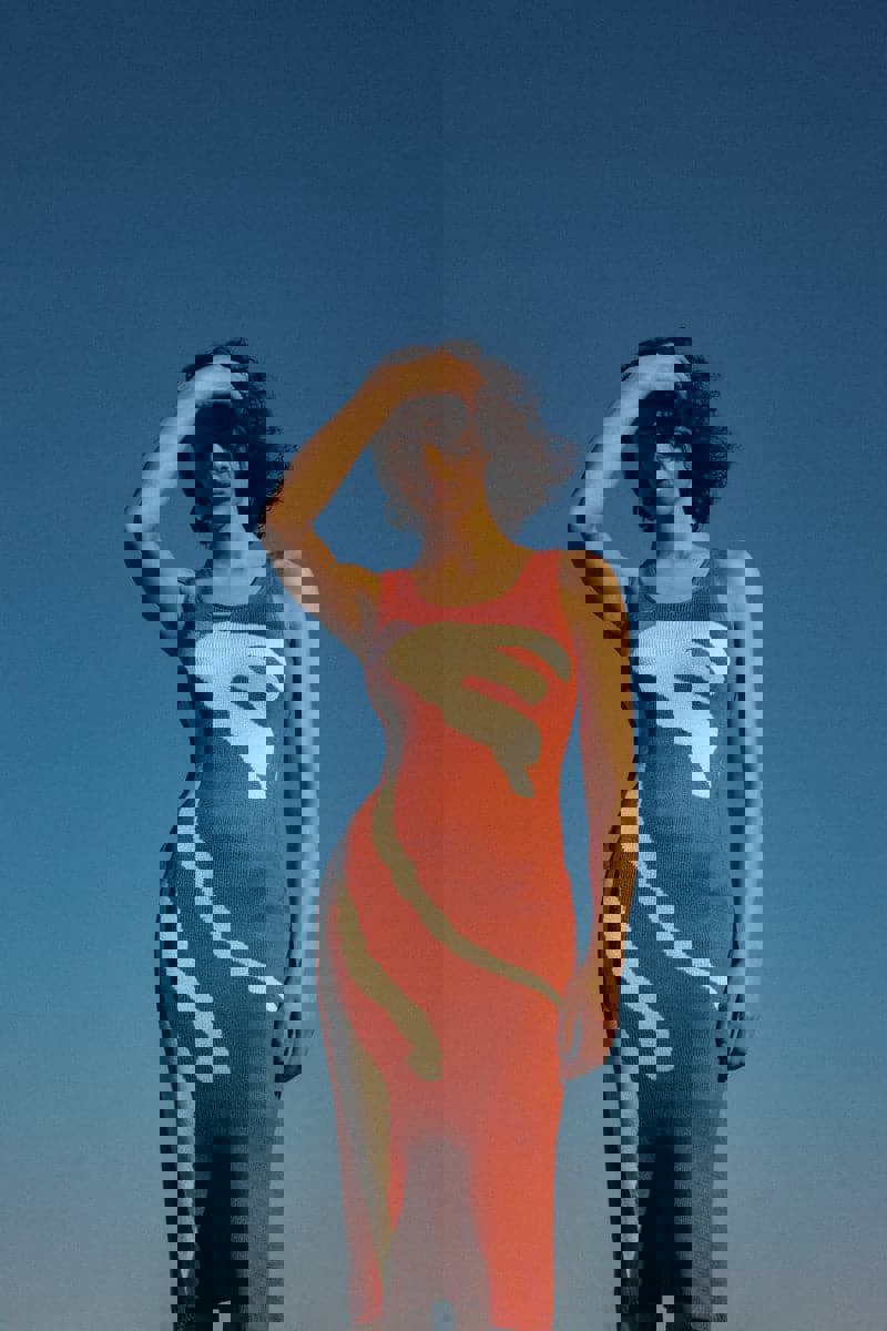 ORANGE KNITTED PRINT MIDI DRESS