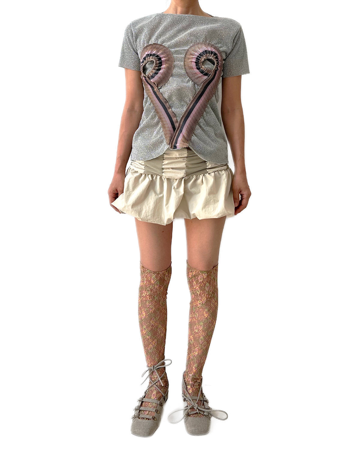 Metallic Silver Top Stripe Rib Patched Heart Shape Tee T-shirt