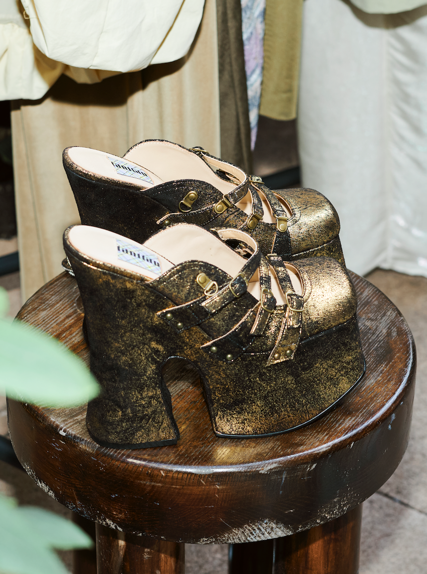Gold Suede Lace Up Platform Mules