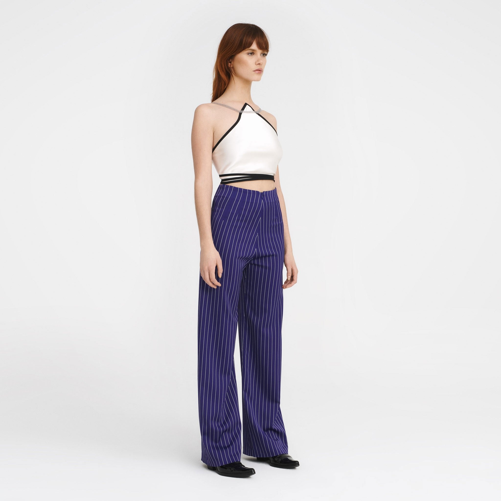 V-Back Trousers in Purple Pinstripes