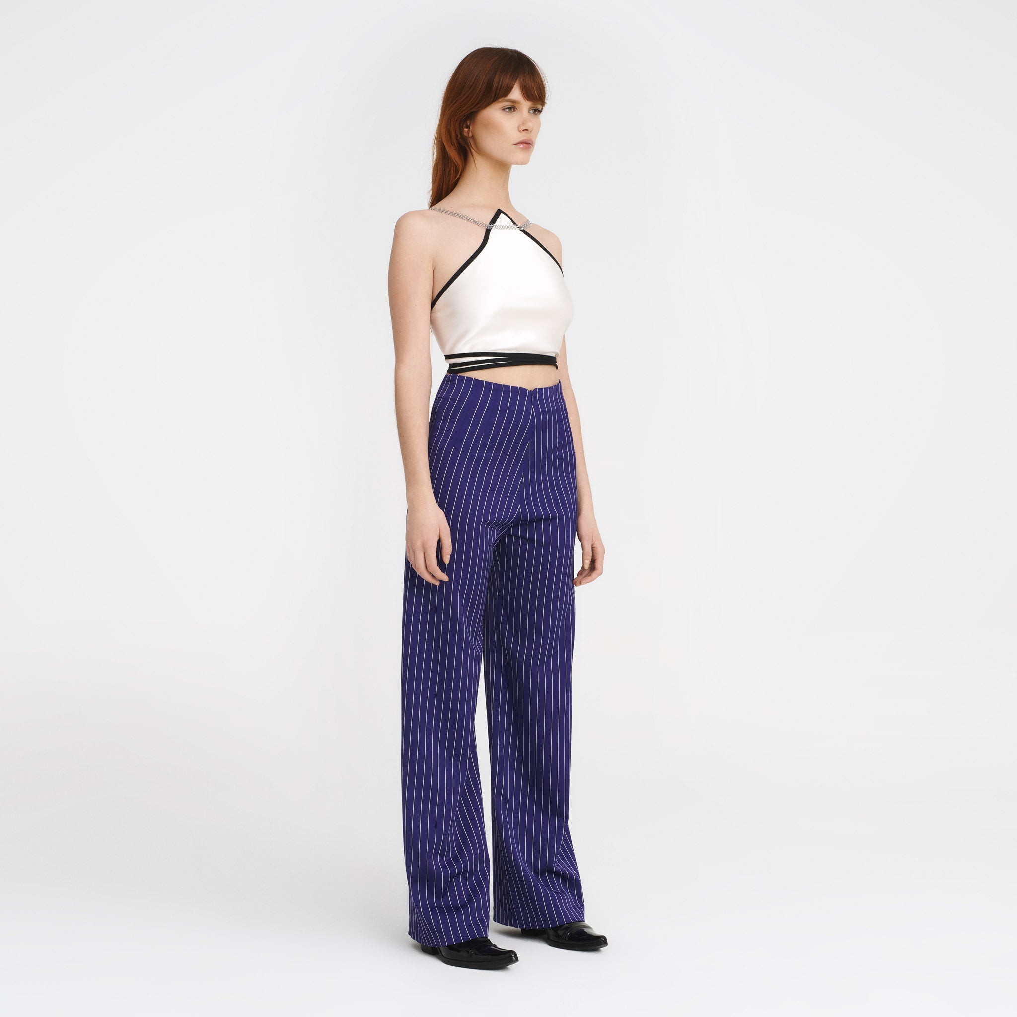 V-Back Trousers in Purple Pinstripes