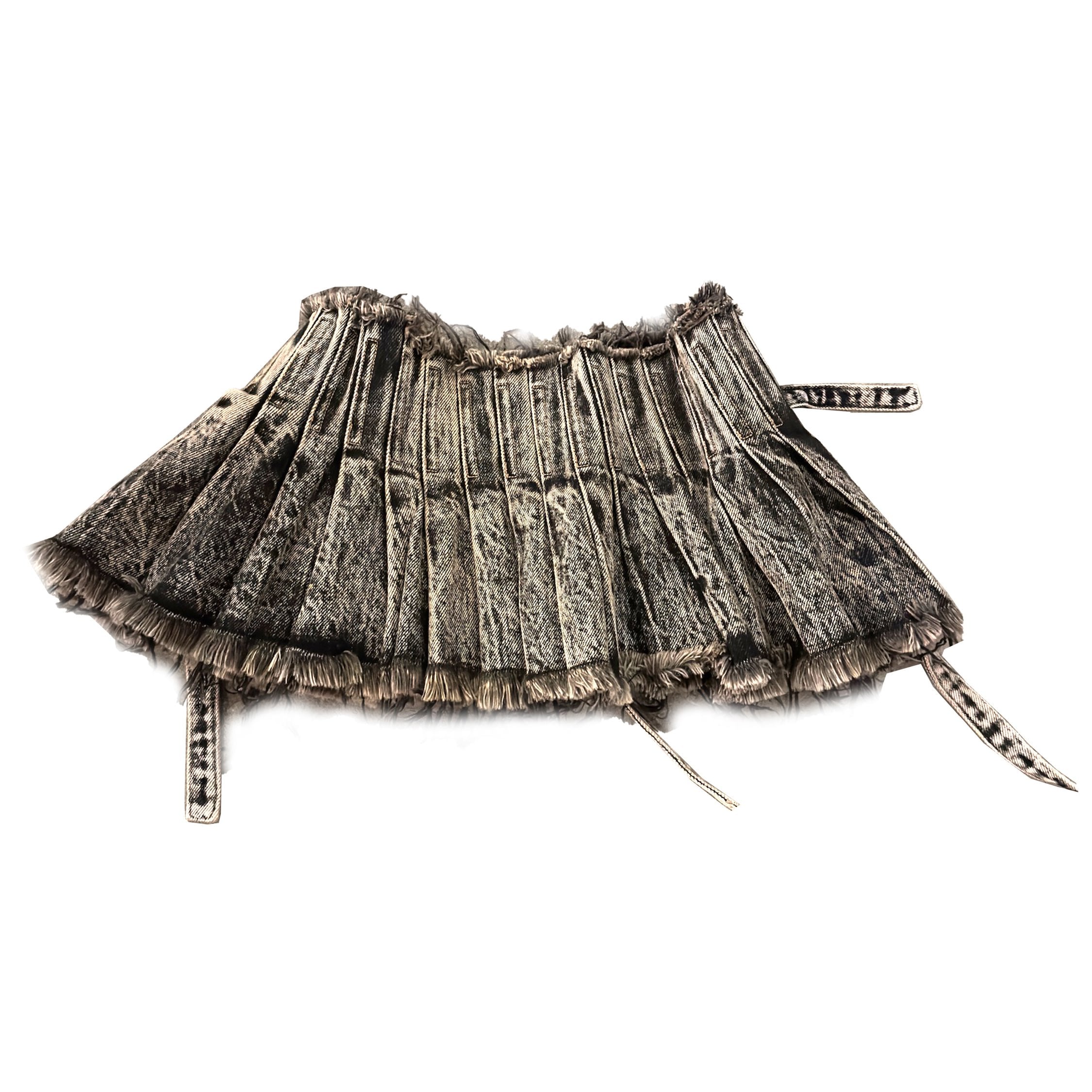 Washout Denim Pleated Skirt With Belts Black