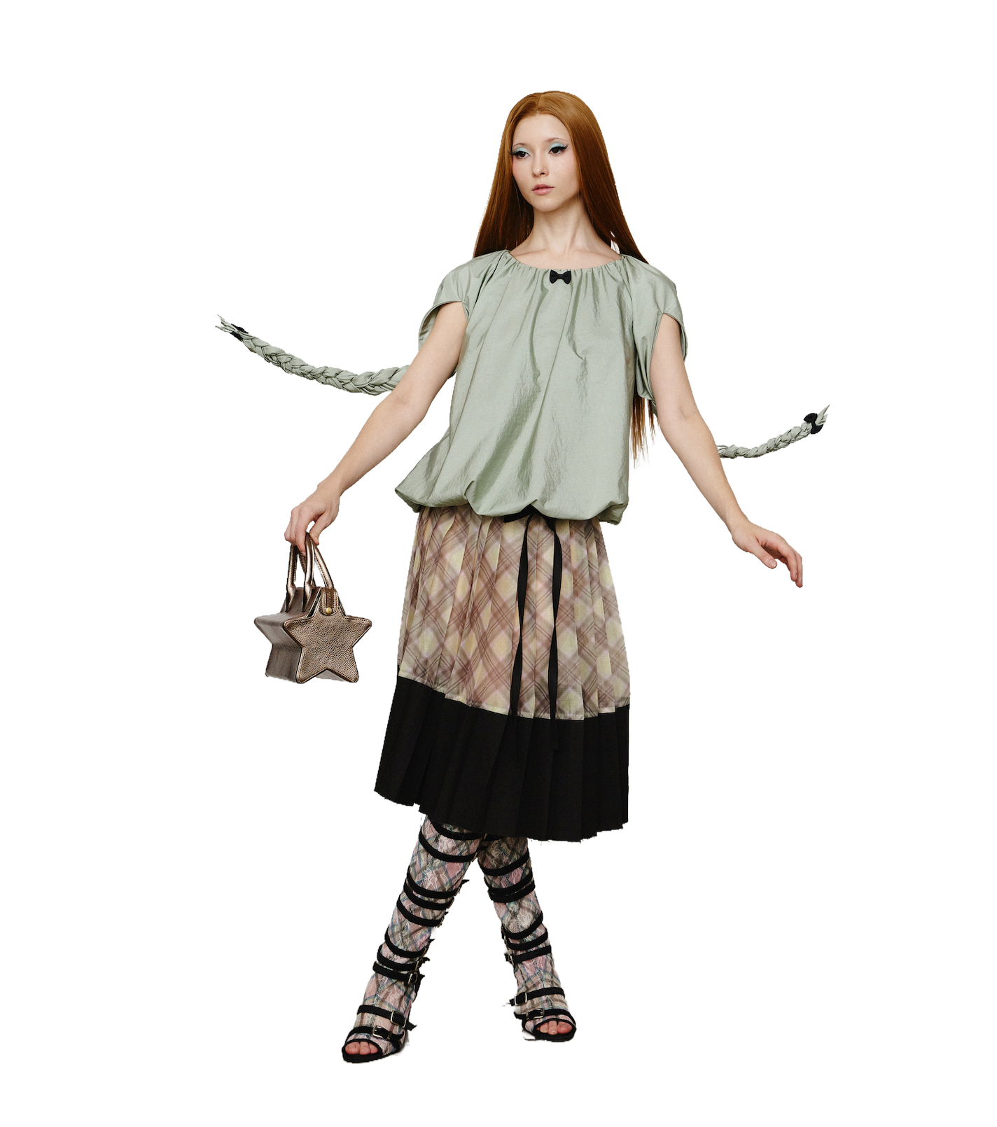 Balloon Braided Blouse with Bow Glossy Jade