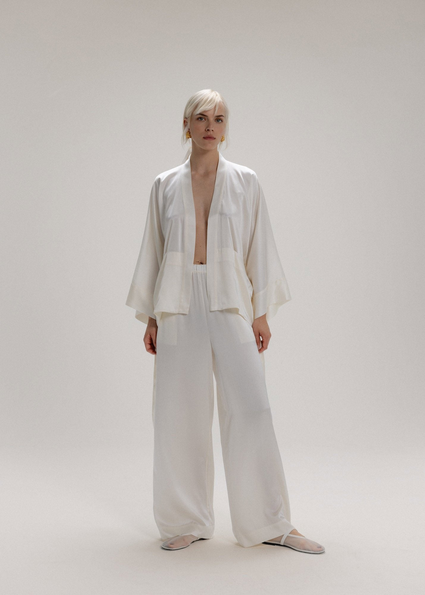 Silk Kimono Jacket Set in Milk White