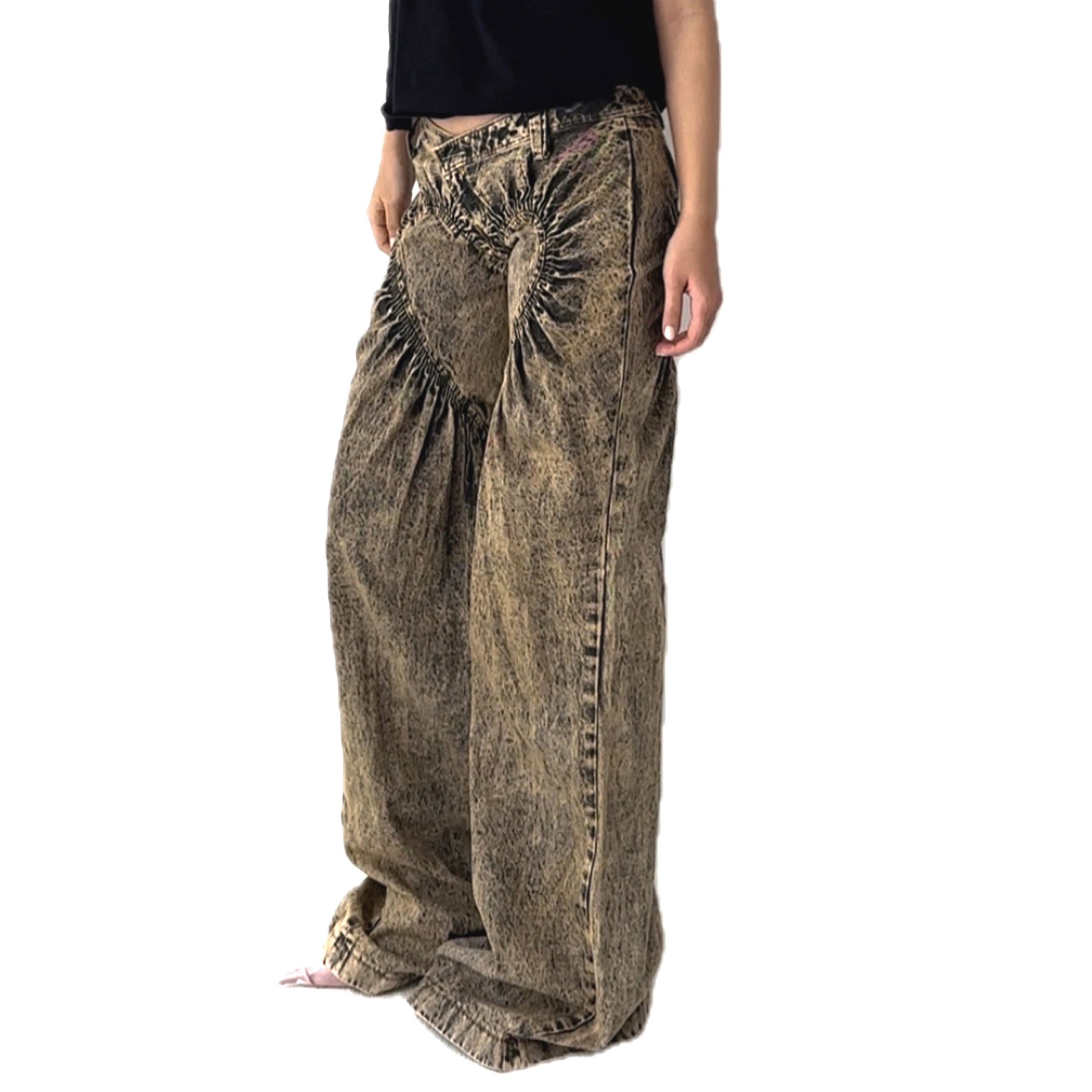 Unisex Ruched Heart Distressed Denim Jeans Black