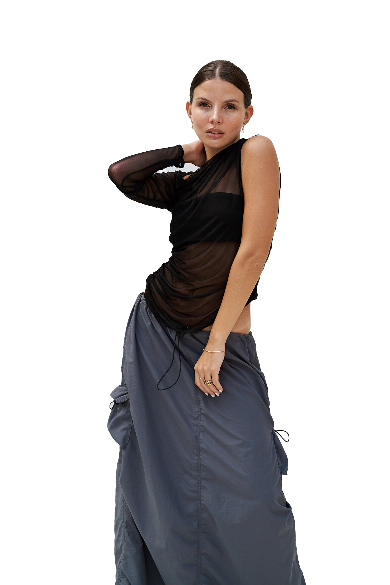 BLACK MESH ONE-SLEEVE TOP