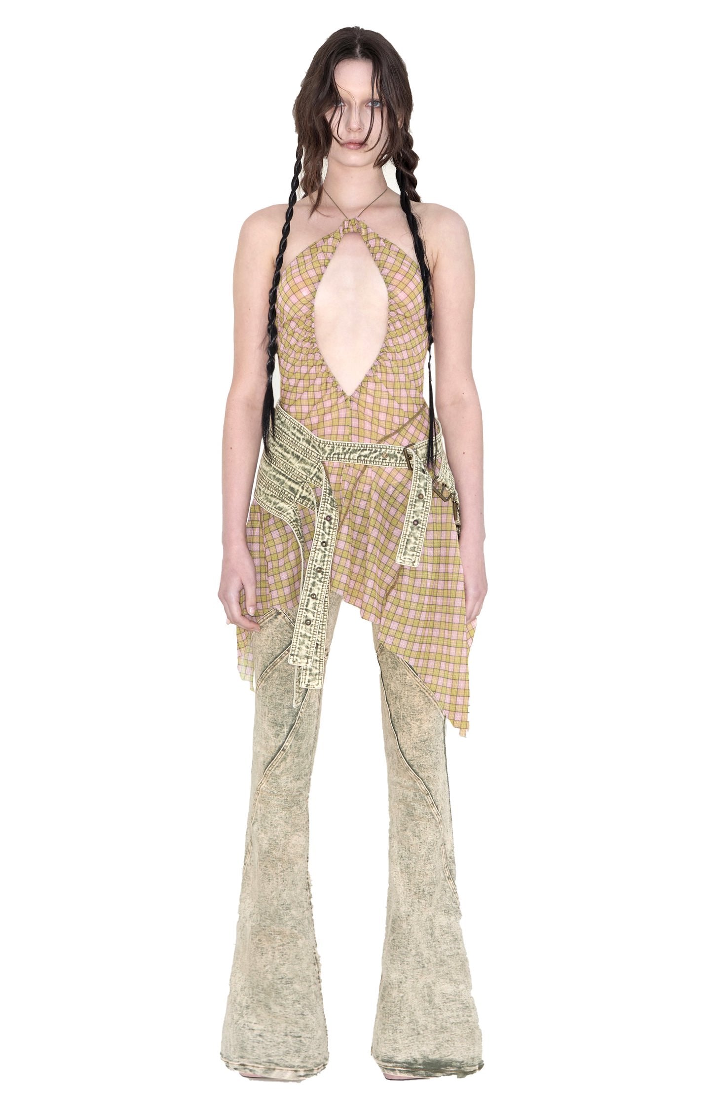 Stretch Denim Heart Patched Fitted Low Rise Jeans Green