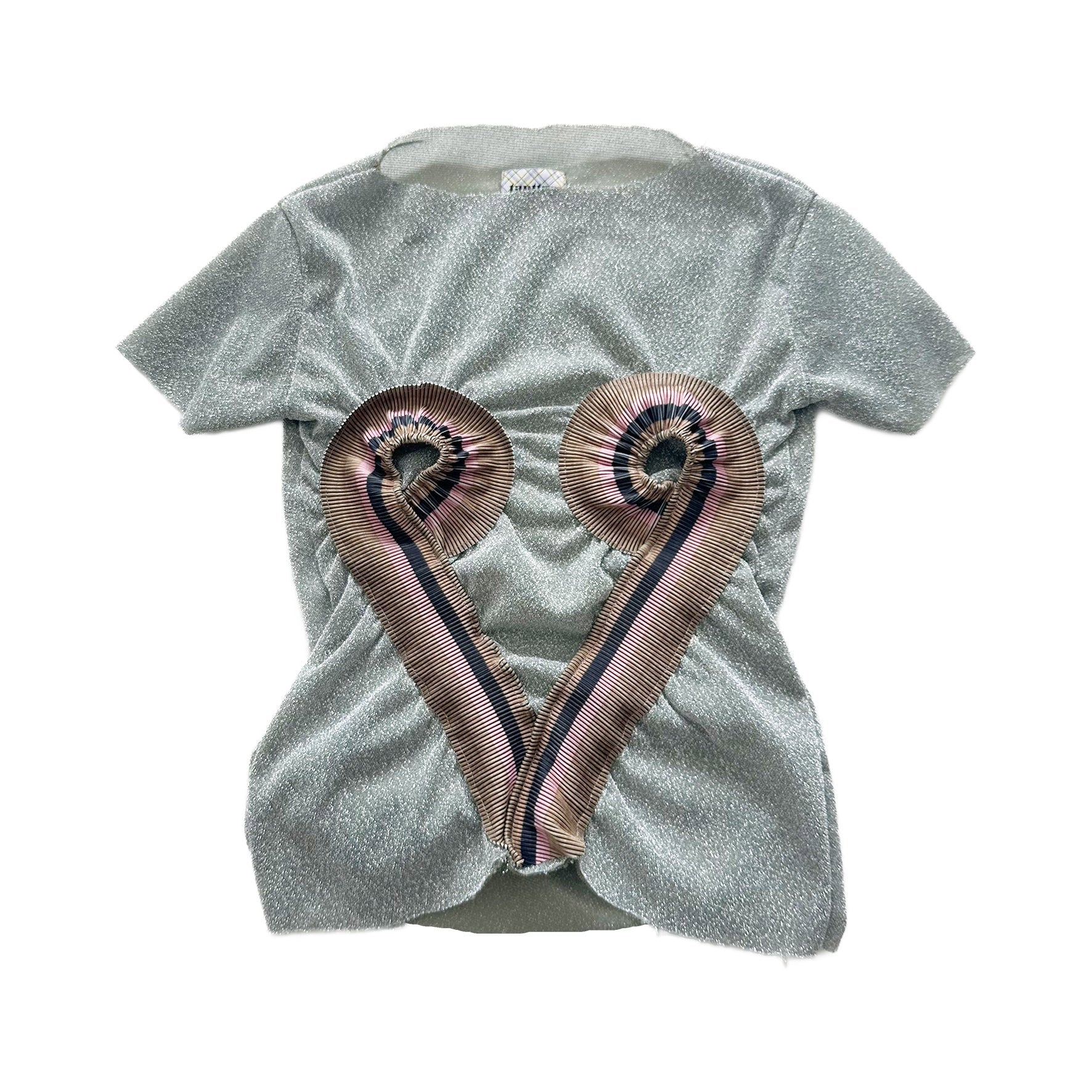 Metallic Silver Top Stripe Rib Patched Heart Shape Tee T-shirt