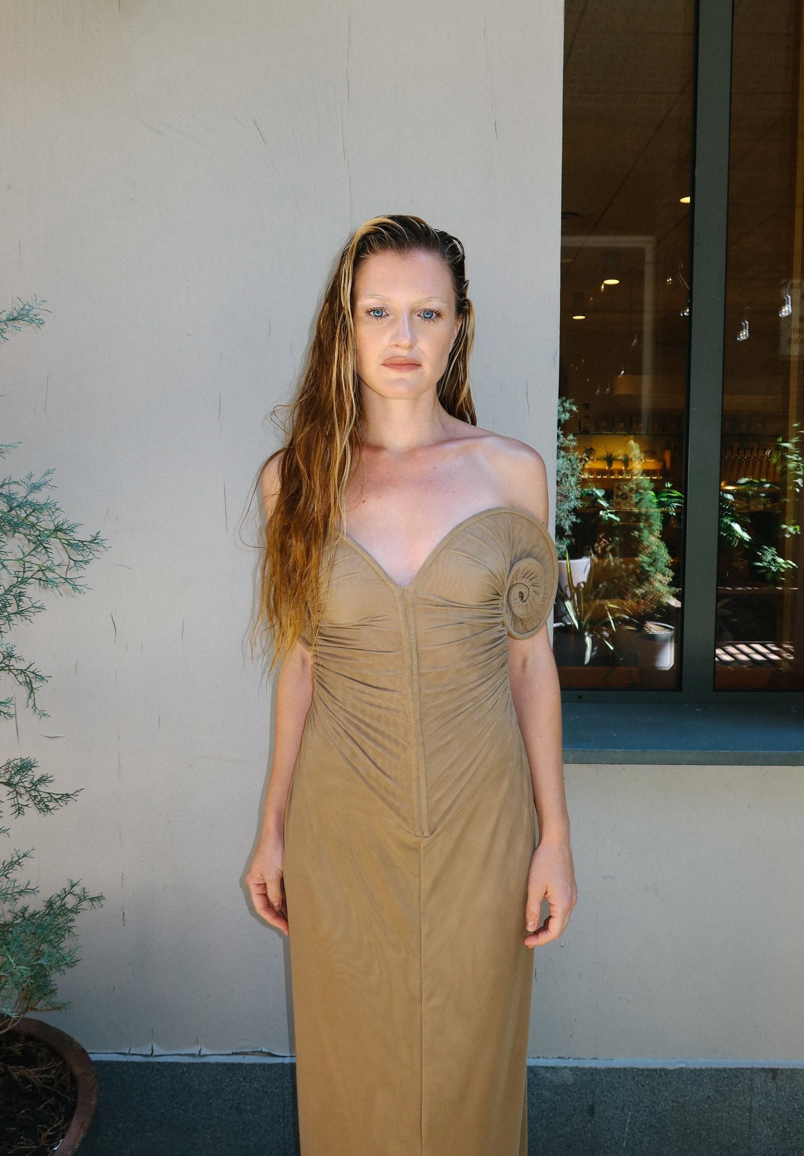 Draped Sea Shell Swirl Maxi Gown Khaki