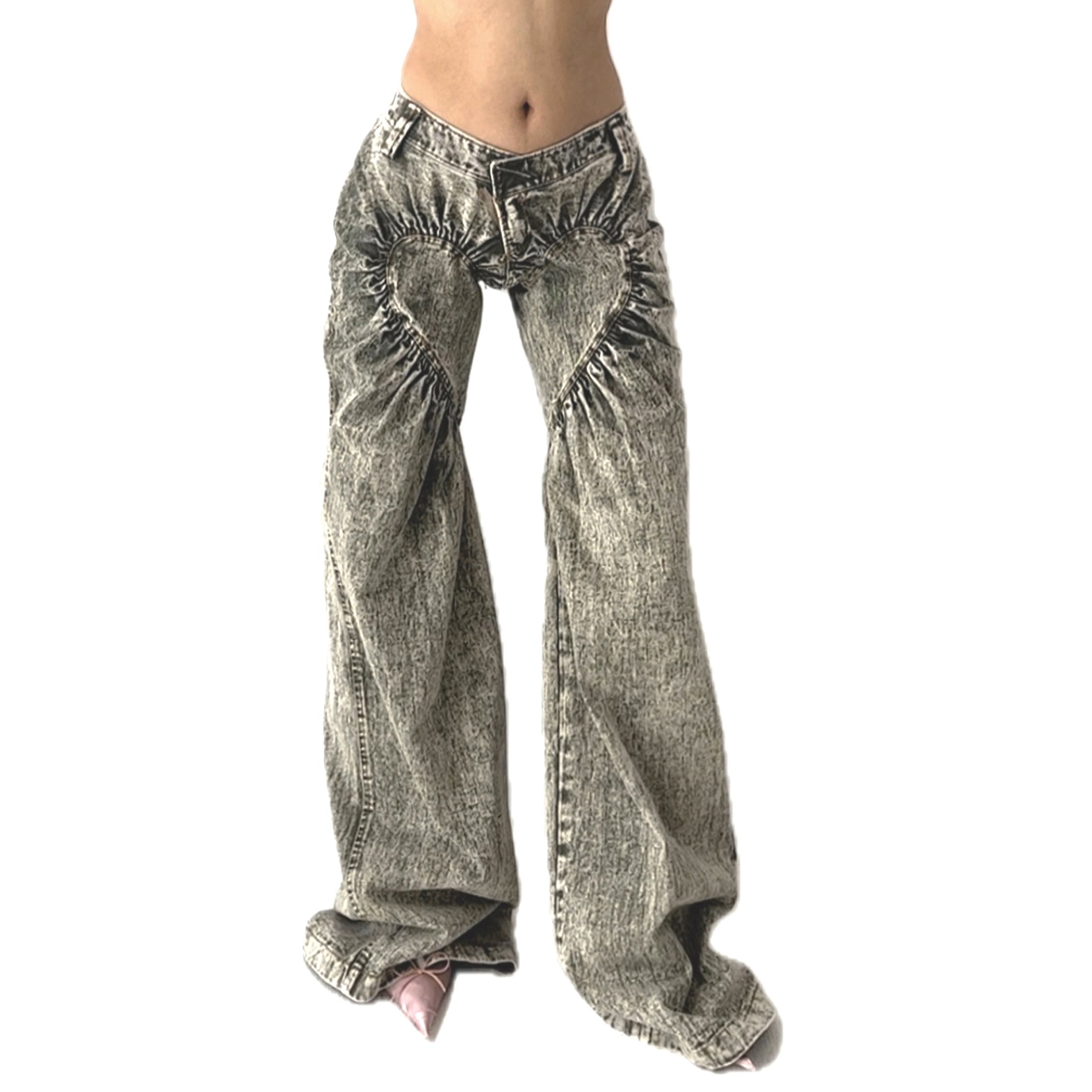 Unisex Ruched Heart Distressed Denim Jeans Green