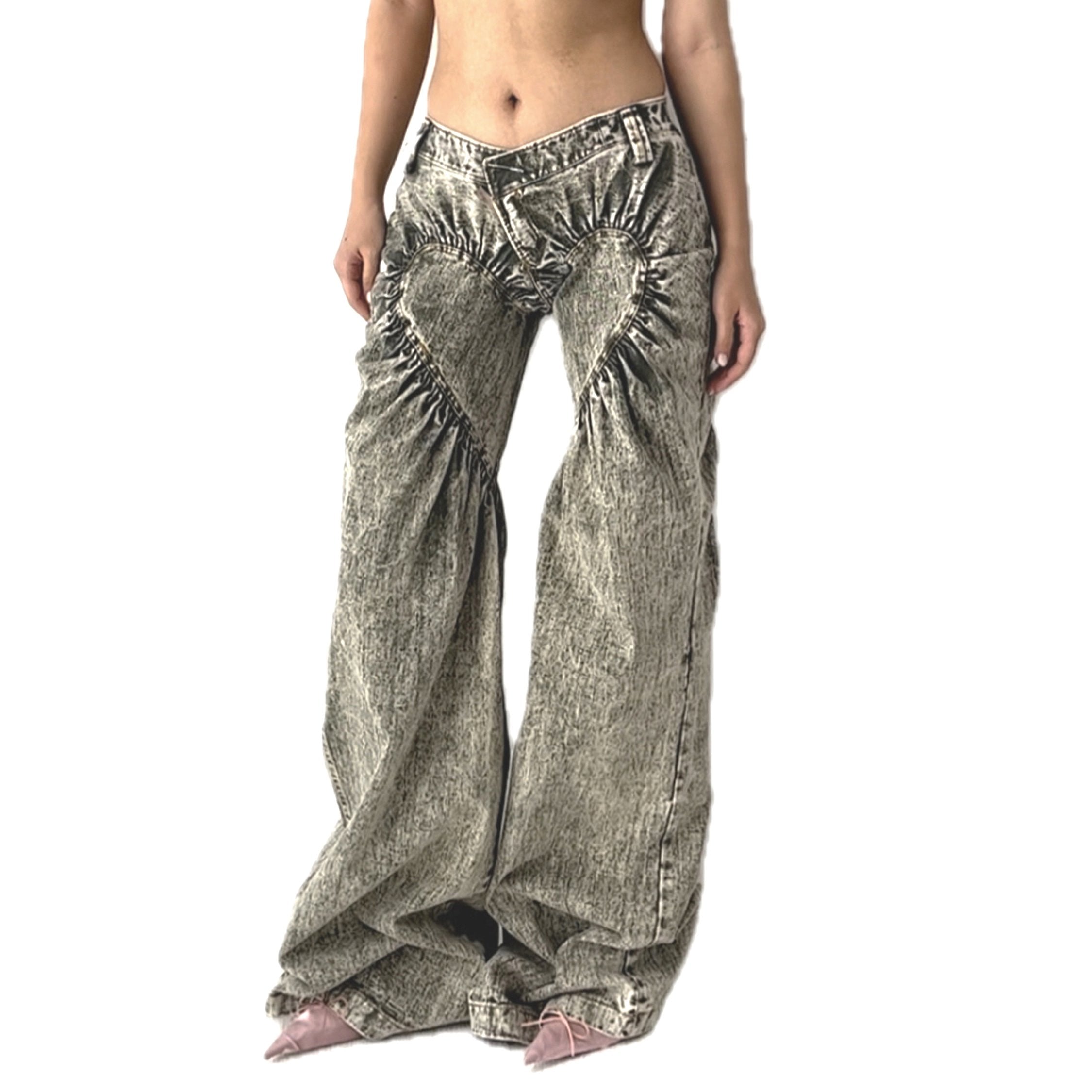 Unisex Ruched Heart Distressed Denim Jeans Green