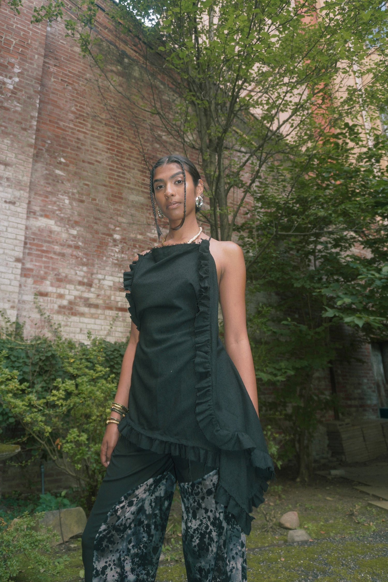 ASYMMETRICAL BOUCLE FLOWY RUFFLE TOP_ BLACK