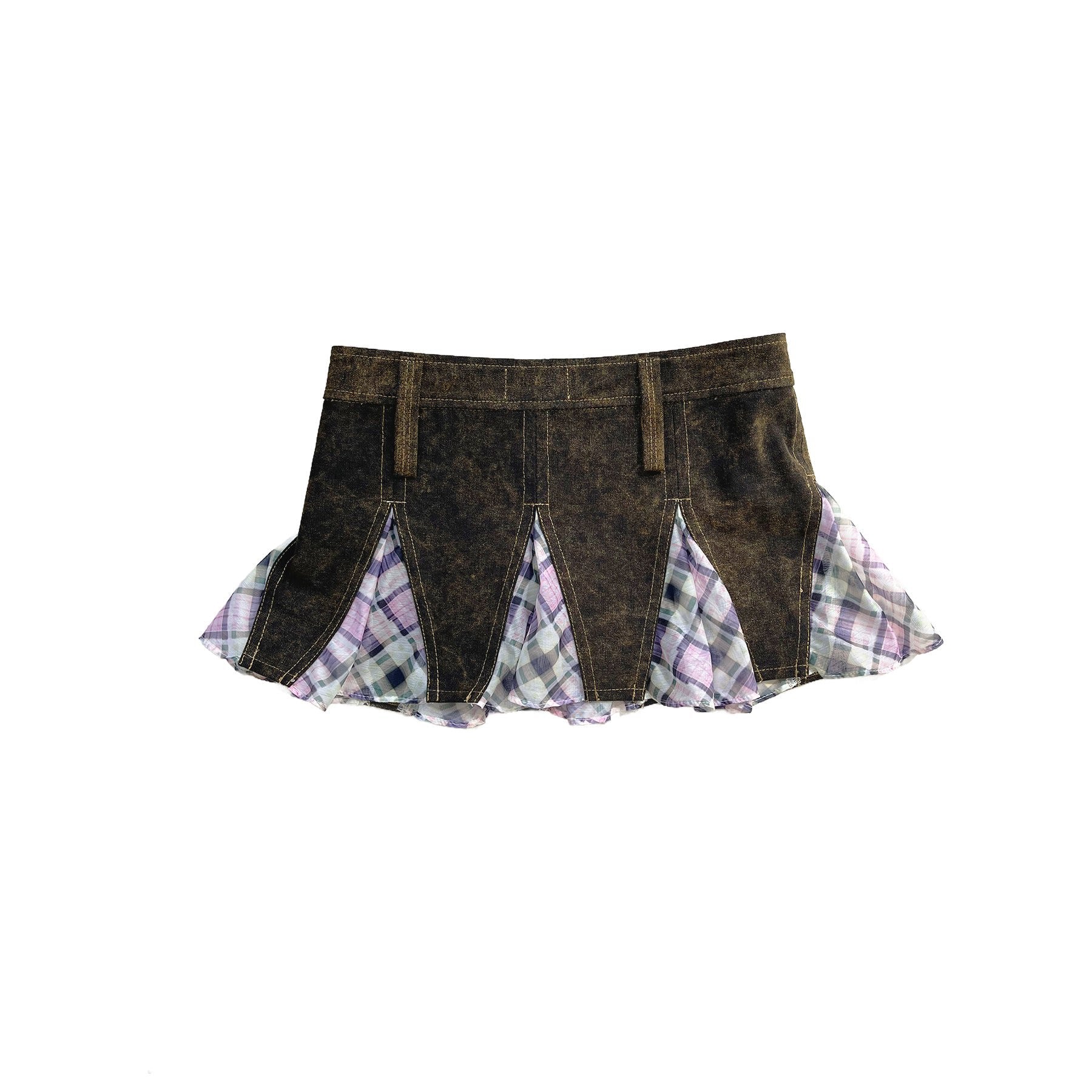 Denim Patchwork Skirt with Organza Flared Inserts Lucid Plaid