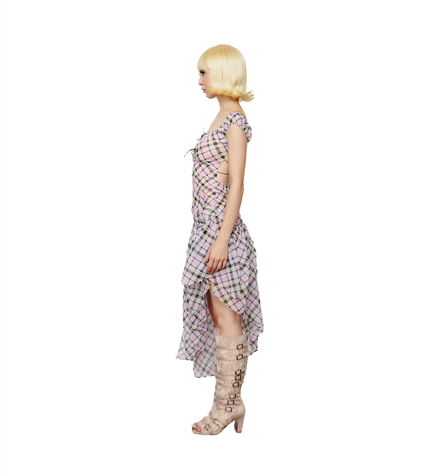 Plaid Puff Chiffon Asymmetrical Dress Lucid