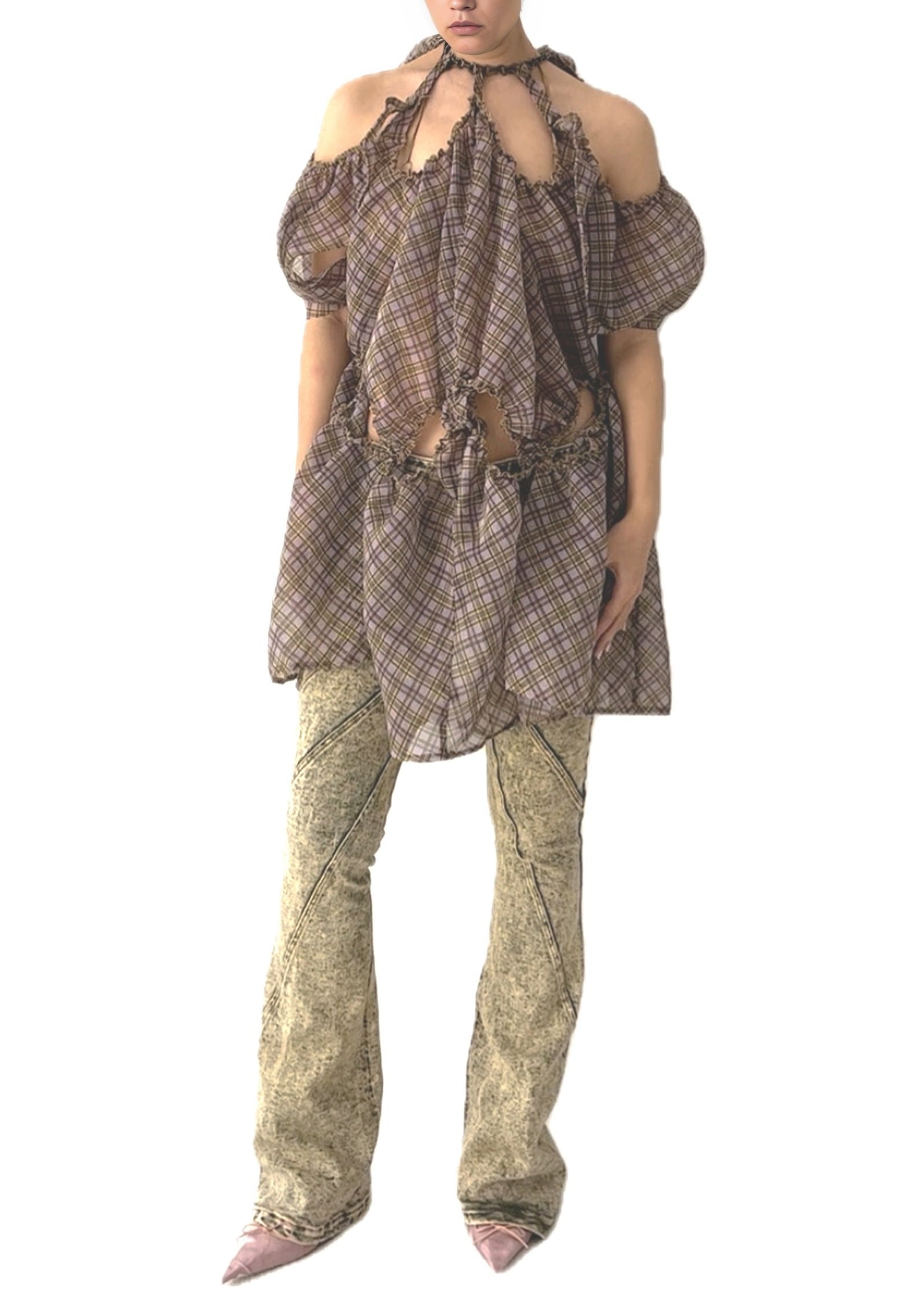 Plaid Organza Puff Sleeve Dress Purple Tartan