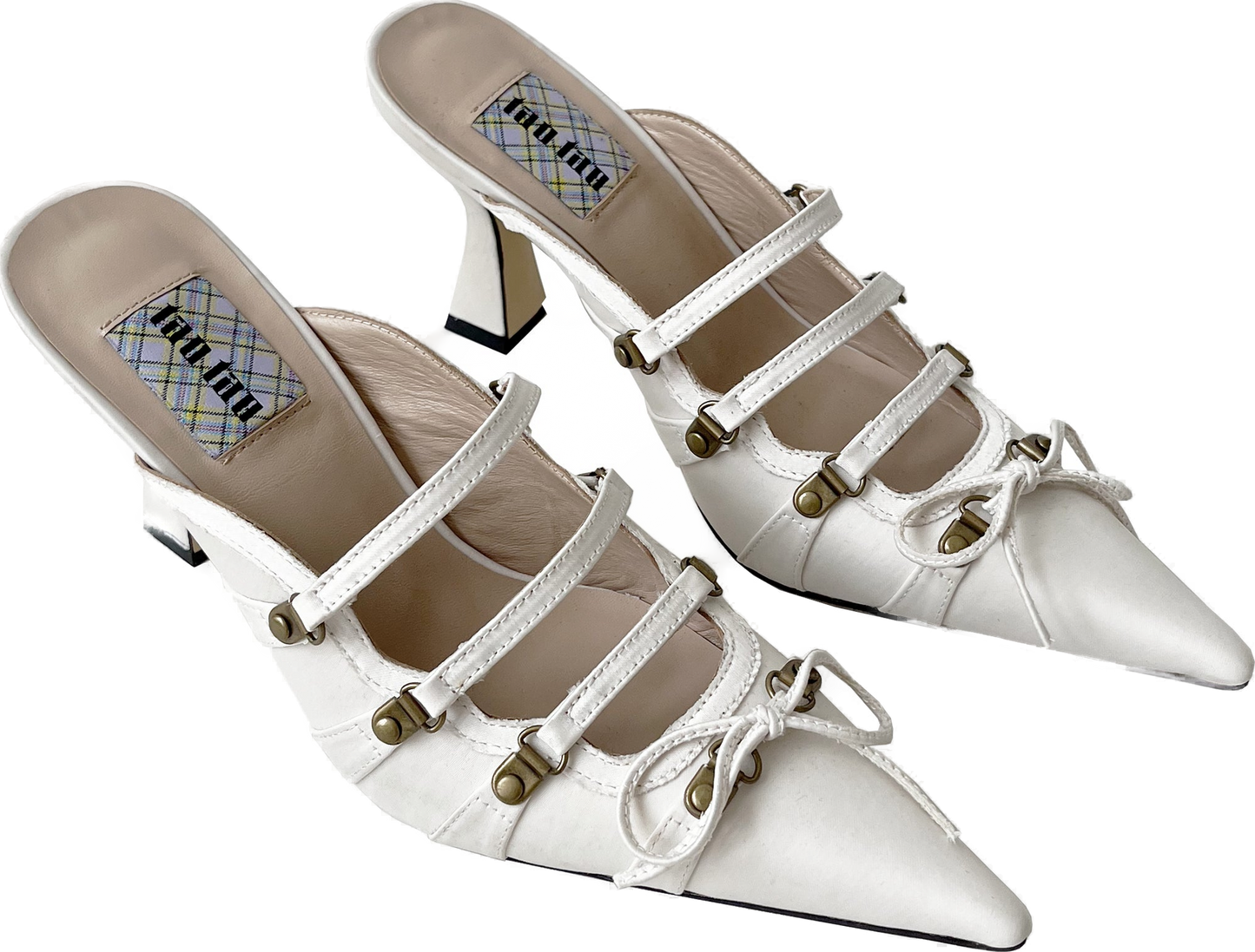 White Satin Lace Up Pointed Toe Mules