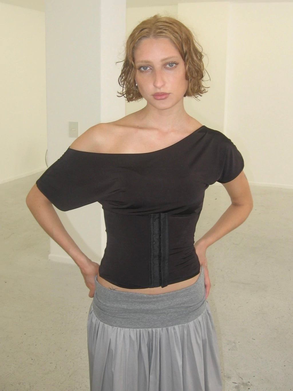 BOAT NECK CORSET TOP - BLACK