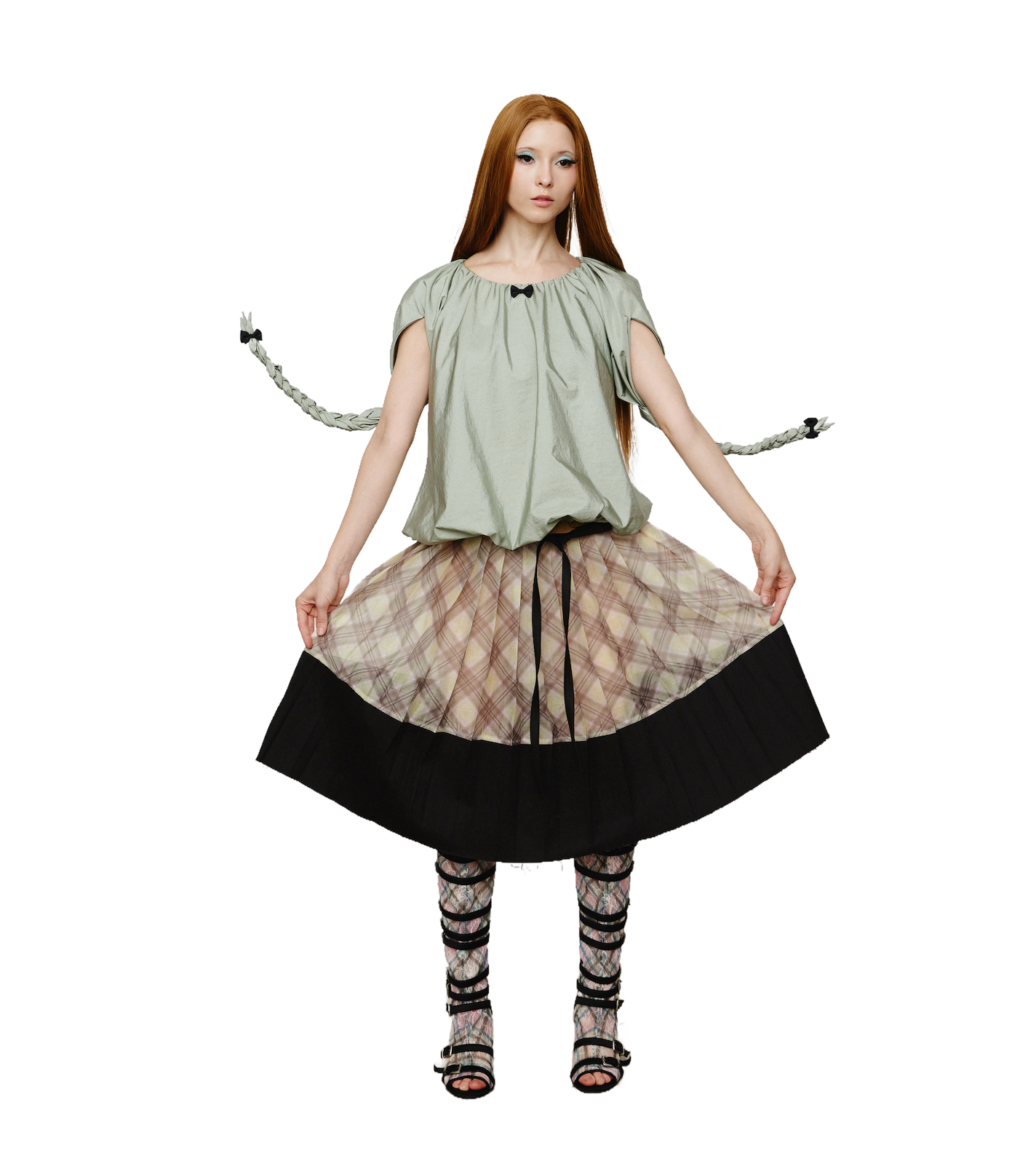 Patchwork Organza Pleated Midi Skirt Black Porcelain