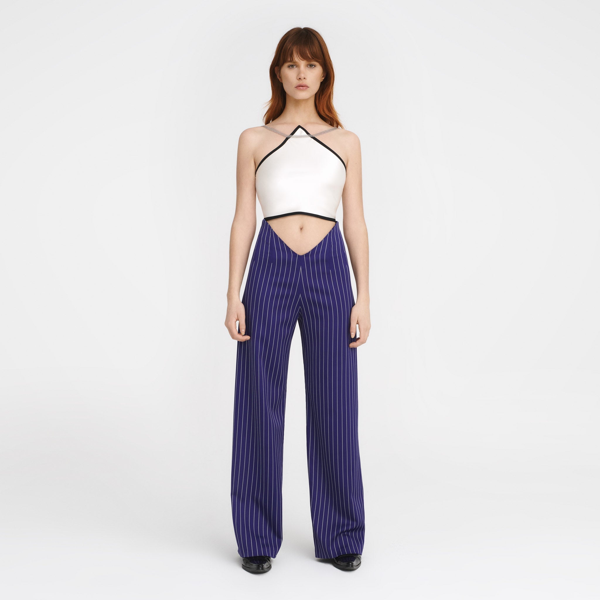 V-Back Trousers in Purple Pinstripes