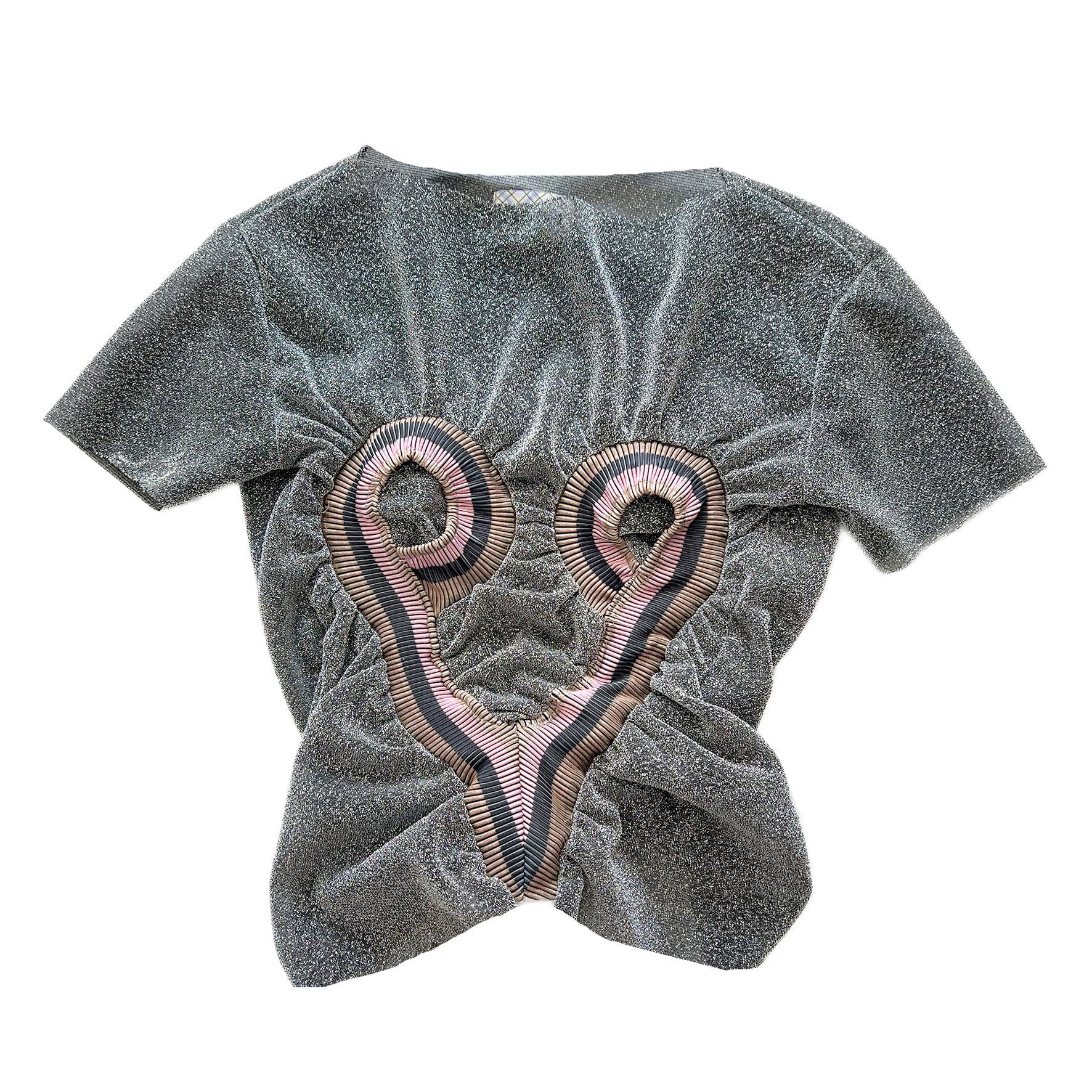 Metallic Dark Silver Top Stripe Rib Patched Heart Shape Tee T-shirt