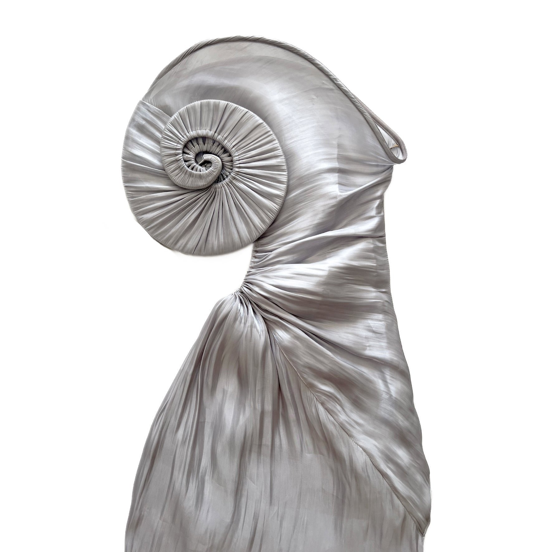Asymmetrical Sea Shell Swirl Maxi Gown Silver Satin
