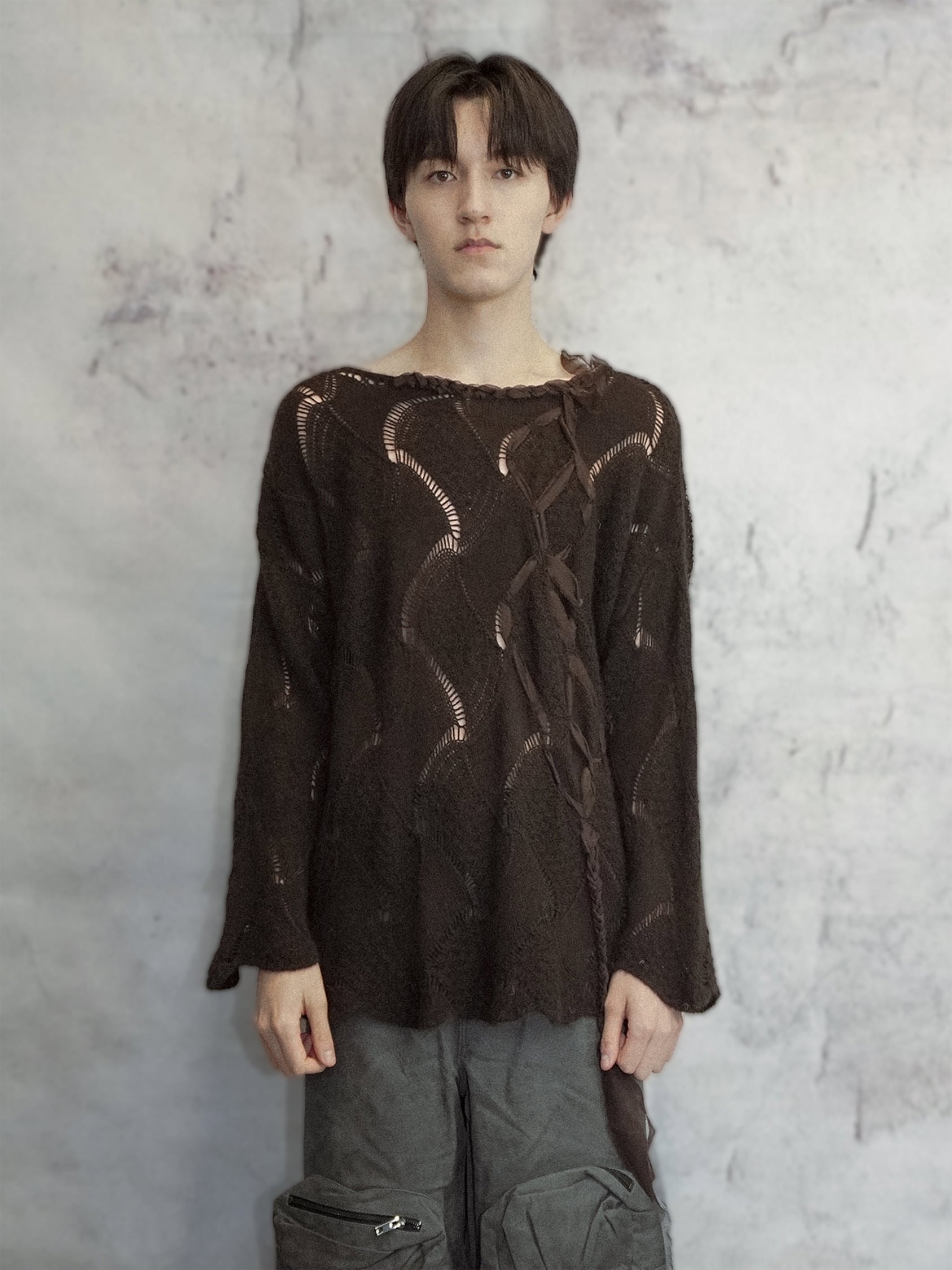Open Stitch Braided Sweater_BROWN