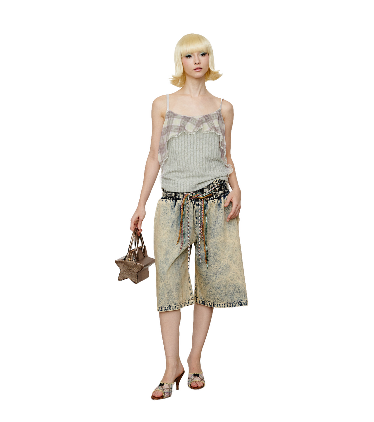 Flared Plaid Knit Cami Porcelain