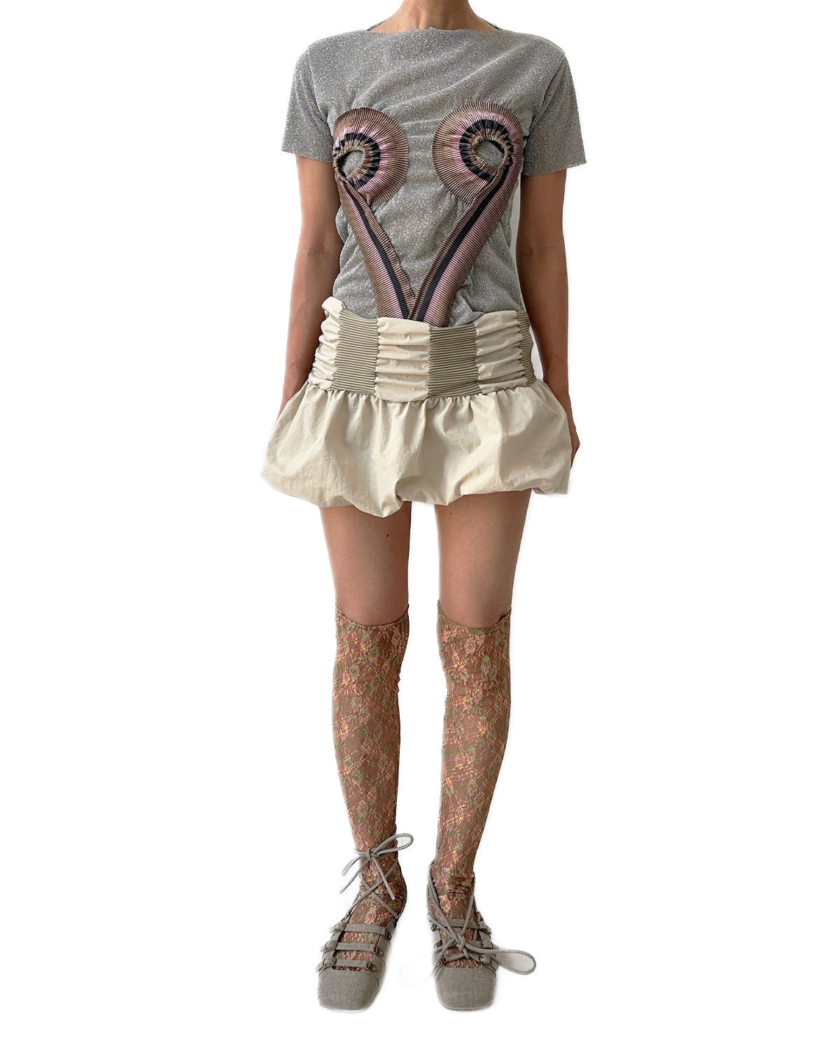 Metallic Silver Top Stripe Rib Patched Heart Shape Tee T-shirt