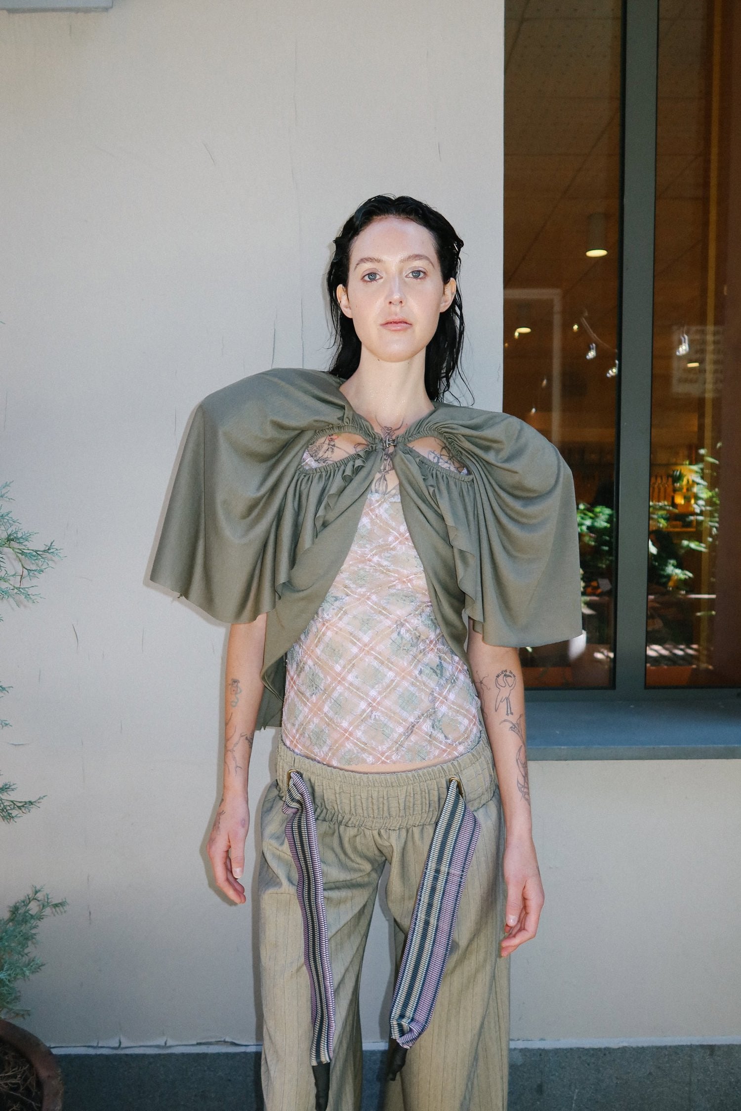 Cutout Football Bow Bolero Top with Shoulder Padding Olive Jersey